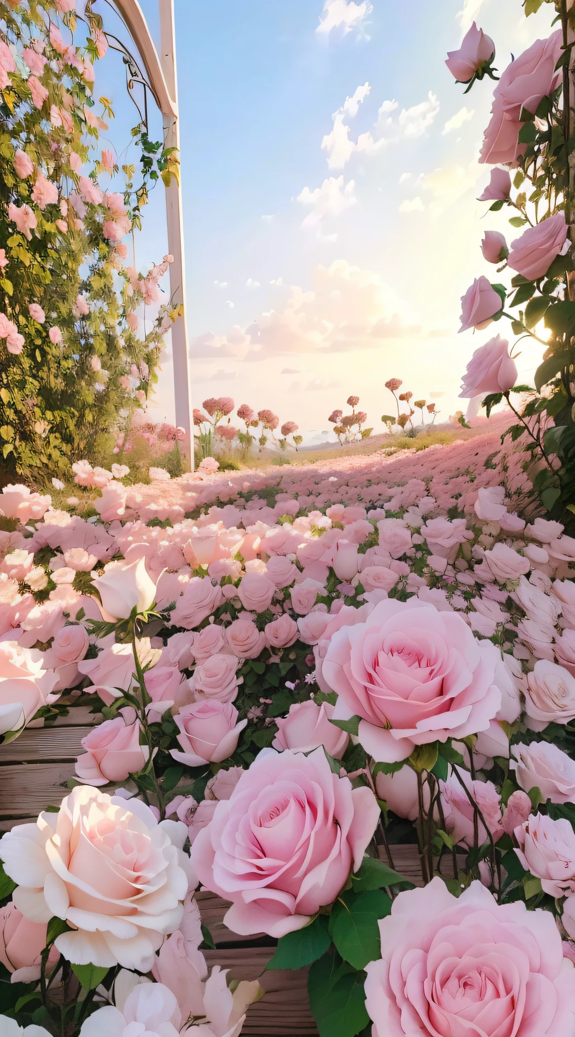 There are many pink roses growing in the garden with wooden walkways, Beautiful and aesthetic, an aesthetic field of flowers, beautiful aesthetic, heaven pink, background is heavenly, with soft pink colors, rosses, field of pink flowers, Pink flowers, Beautiful flowers, rosette, Rose garden, laying on roses, A cena mais bonita, soft light 4 k in pink
