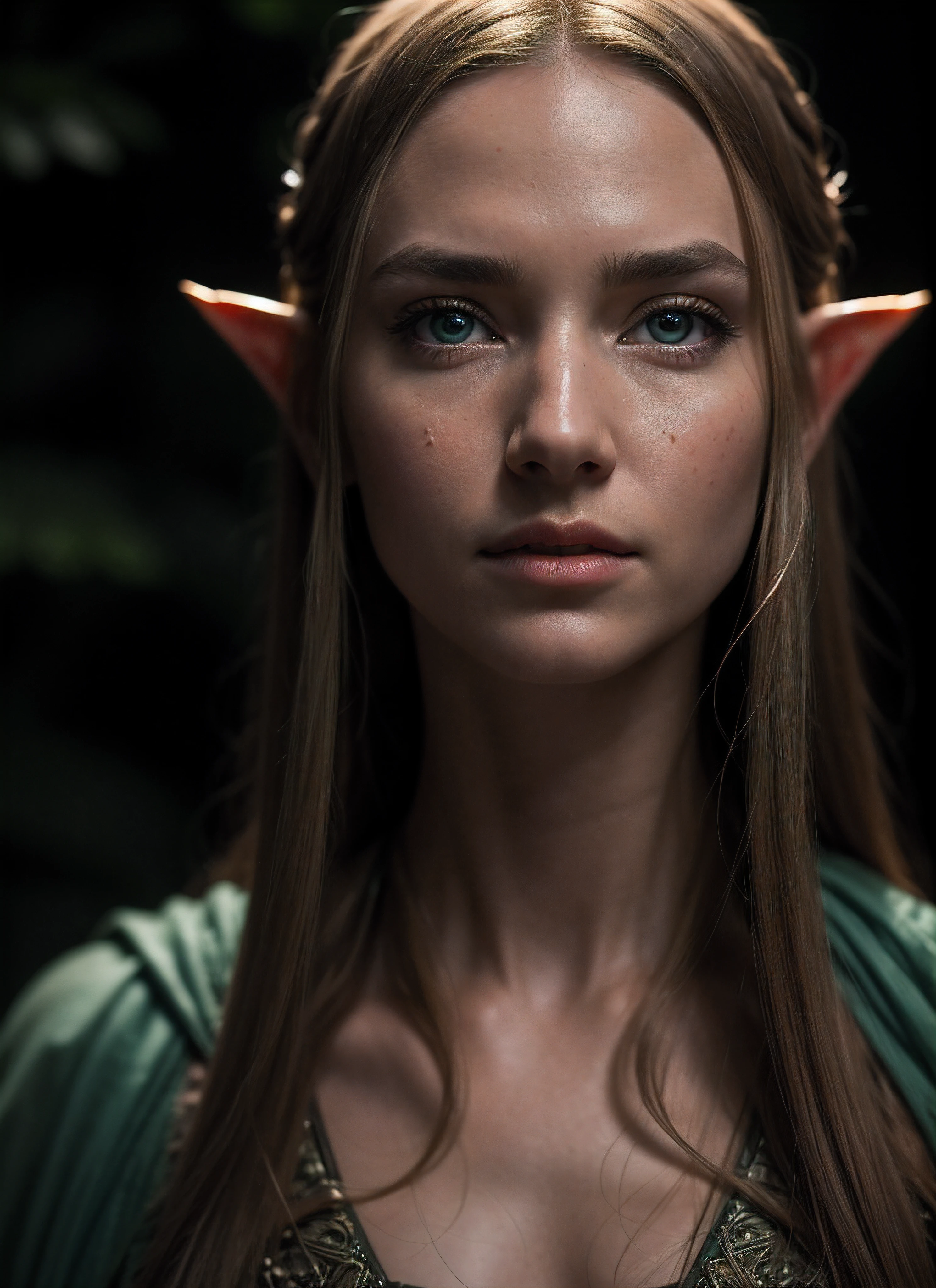 (detailed face, detailed eyes, clear skin, clear eyes), lotr, fantasy, elf, female, full body, looking at viewer, portrait, photography, detailed skin, realistic, photo-realistic, 8k, highly detailed, full length frame, High detail RAW color art, piercing, diffused soft lighting, shallow depth of field, sharp focus, hyperrealism, cinematic lighting