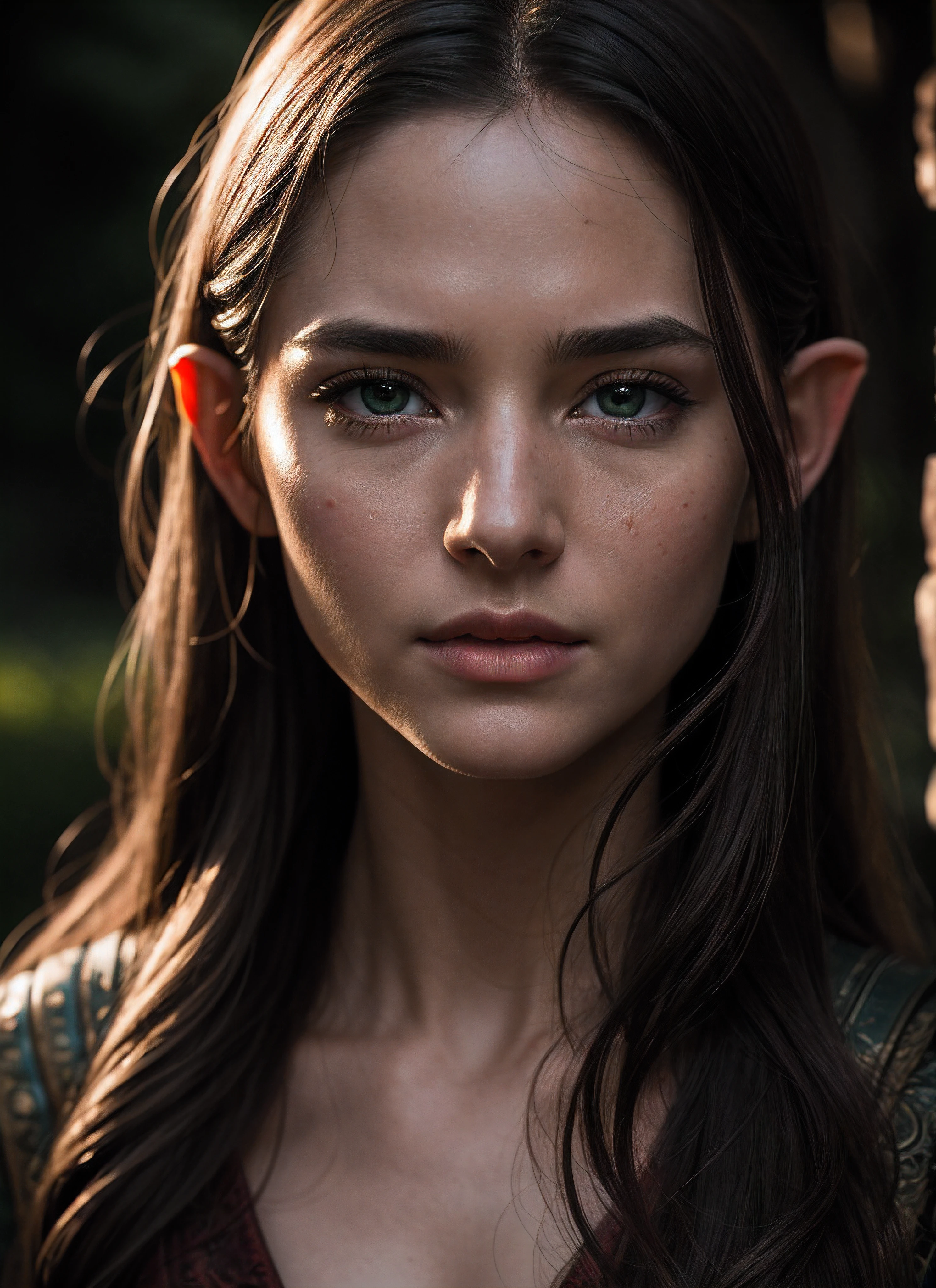 (detailed face, detailed eyes, clear skin, clear eyes), lotr, fantasy, elf, female, full body, looking at viewer, portrait, photography, detailed skin, realistic, photo-realistic, 8k, highly detailed, full length frame, High detail RAW color art, piercing, diffused soft lighting, shallow depth of field, sharp focus, hyperrealism, cinematic lighting