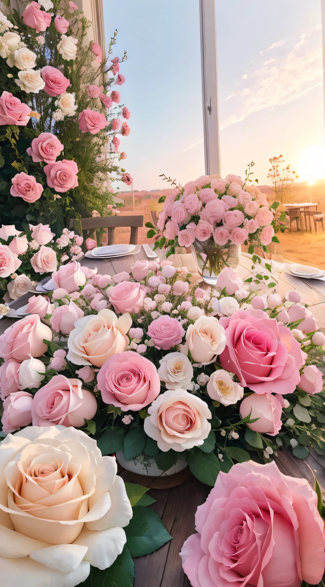 The wooden table has many pink and white roses, an aesthetic field of flowers, Beautiful and aesthetic, rosses, rosette, Beautiful flowers, Pink flowers, beautiful aesthetic, laying on roses, with soft pink colors, Lots of flowers, pink golden hour, Blooming flowers, Magical flowers, background is heavenly, beautiful flowers growing, flowers in the background