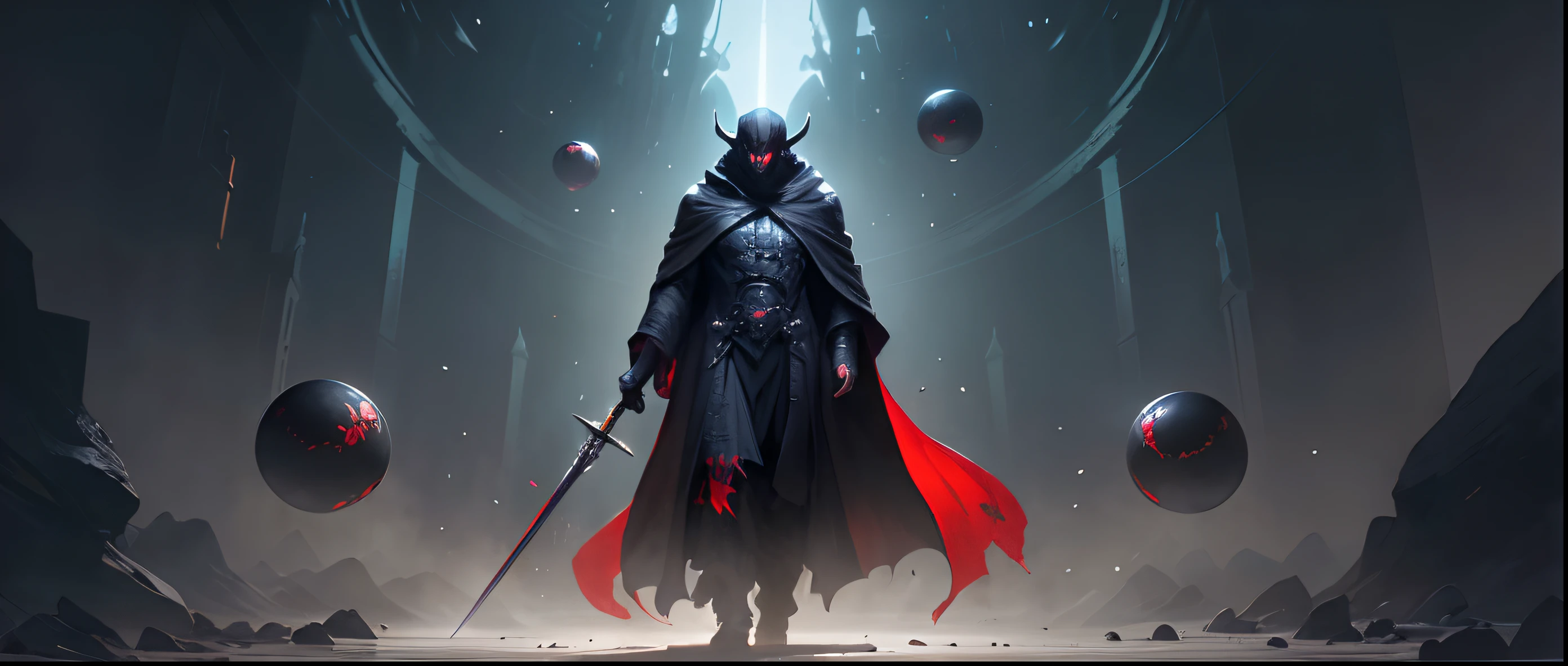 (The image of a man wearing a black robe concealing his identity:1.3), (six pitch black balls floating around him:1.2), (holding a red Chinese Emperor Sword that radiated a black aura:1.1), full body image, fantasy and cosmic horror movie, epic fantasy sci fi illustration, cosmic horror concept art, epic scifi fantasy art, lovecraftian cosmic fear, an ominous fantasy illustration, nyarlathotep, dark fantasy sci fi, godrays digital painting, azathoth.