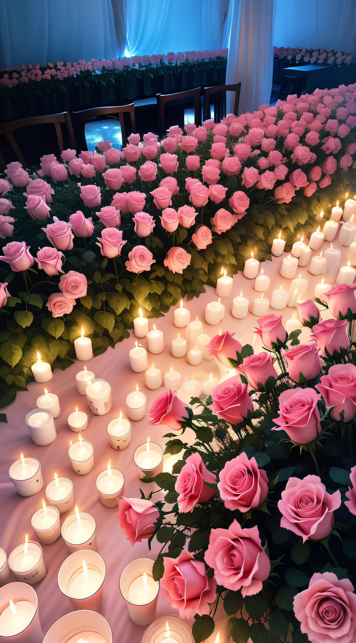 The candle has many pink roses in a row, rose pink lighting, Glowing flowers, lights with bloom, rosses, rosette, beautiful aesthetic, roses in cinematic light, Luminous flowers, lots of candles, in a room full of candles, soft light 4 k in pink, ❤🔥🍄🌪, Soft glow, lamps and flowers, portal made of roses