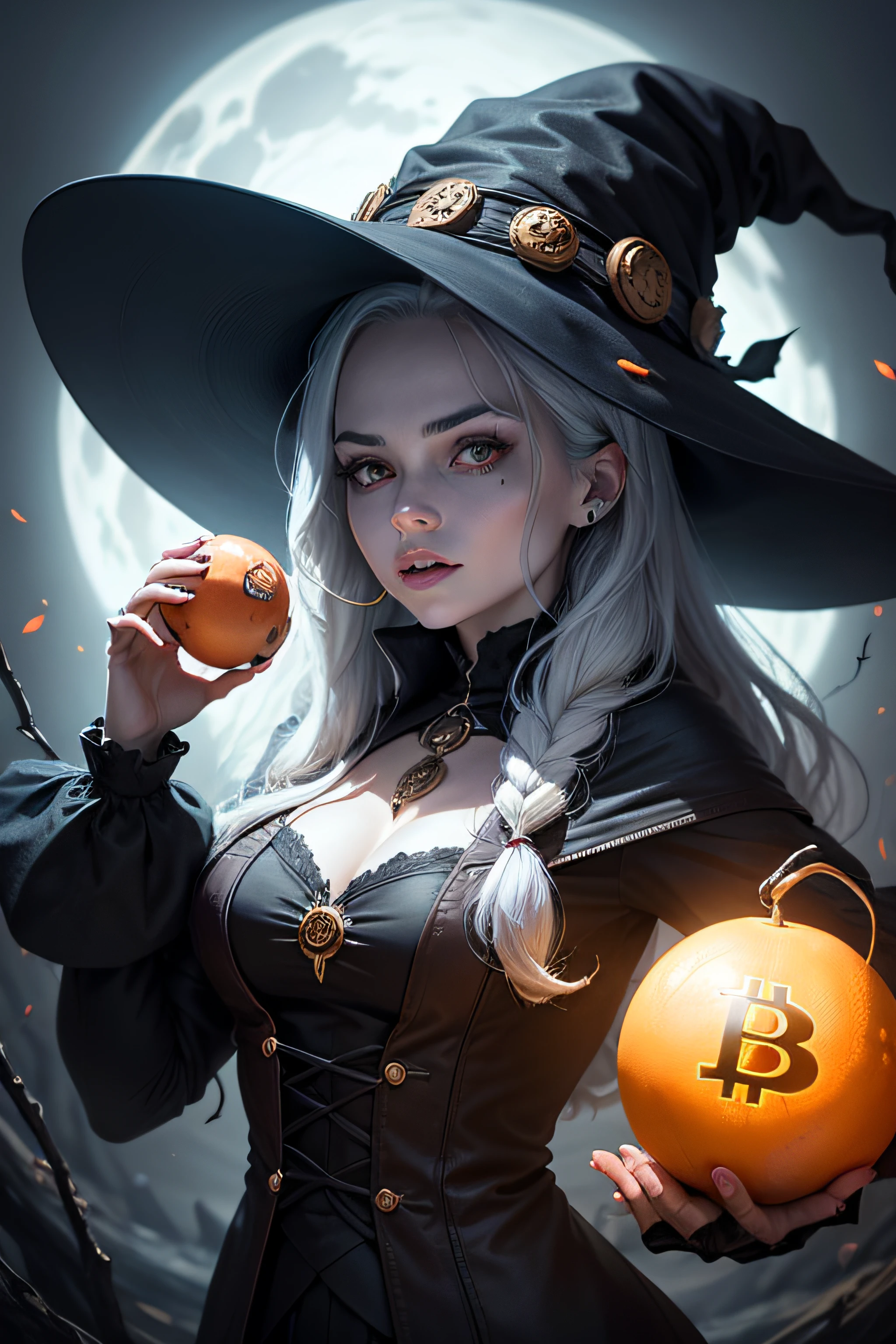 A female witch with a scary face who is creating Bitcoin digital currency and turning it into a heavenly fruit.