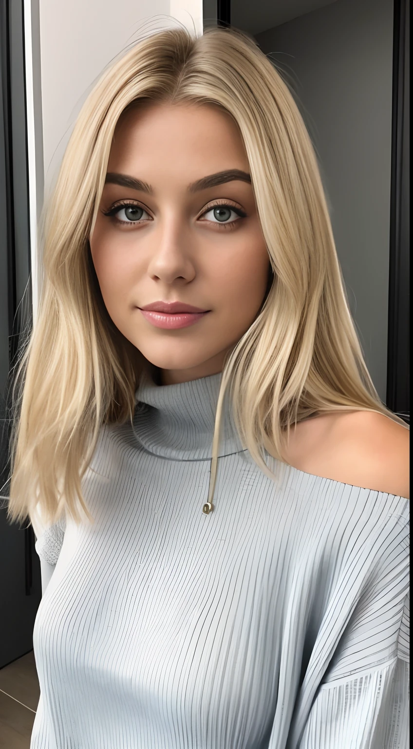 1girl in, 19 Jahre alt, nur, Lange Haare, Kolossale Titten, Sehen Sie sich den Viewer an, blonde haarbl, nackte Schultern, braune Augen, Schmuck, Ganzkörperesbian, eine Halskette, shortened shoulders, Pullover, realistisch, Eine sexy