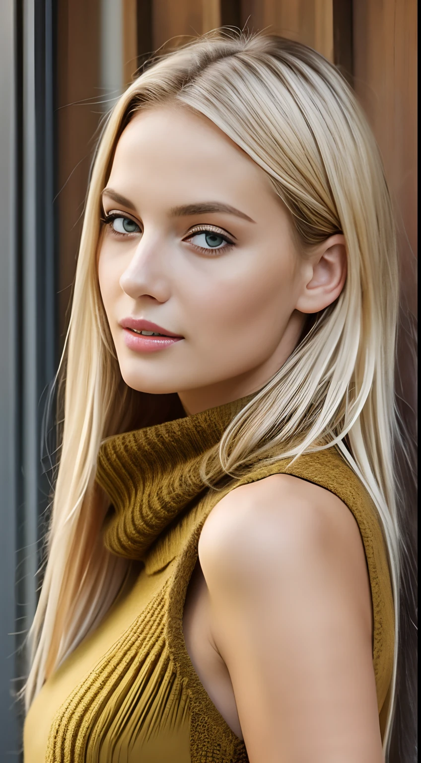 1girl in, 19 Jahre alt, nur, Lange Haare, Kolossale Titten, Sehen Sie sich den Viewer an, blonde haarbl, nackte Schultern, braune Augen, Schmuck, Ganzkörperesbian, eine Halskette, shortened shoulders, Pullover, realistisch, Eine sexy
