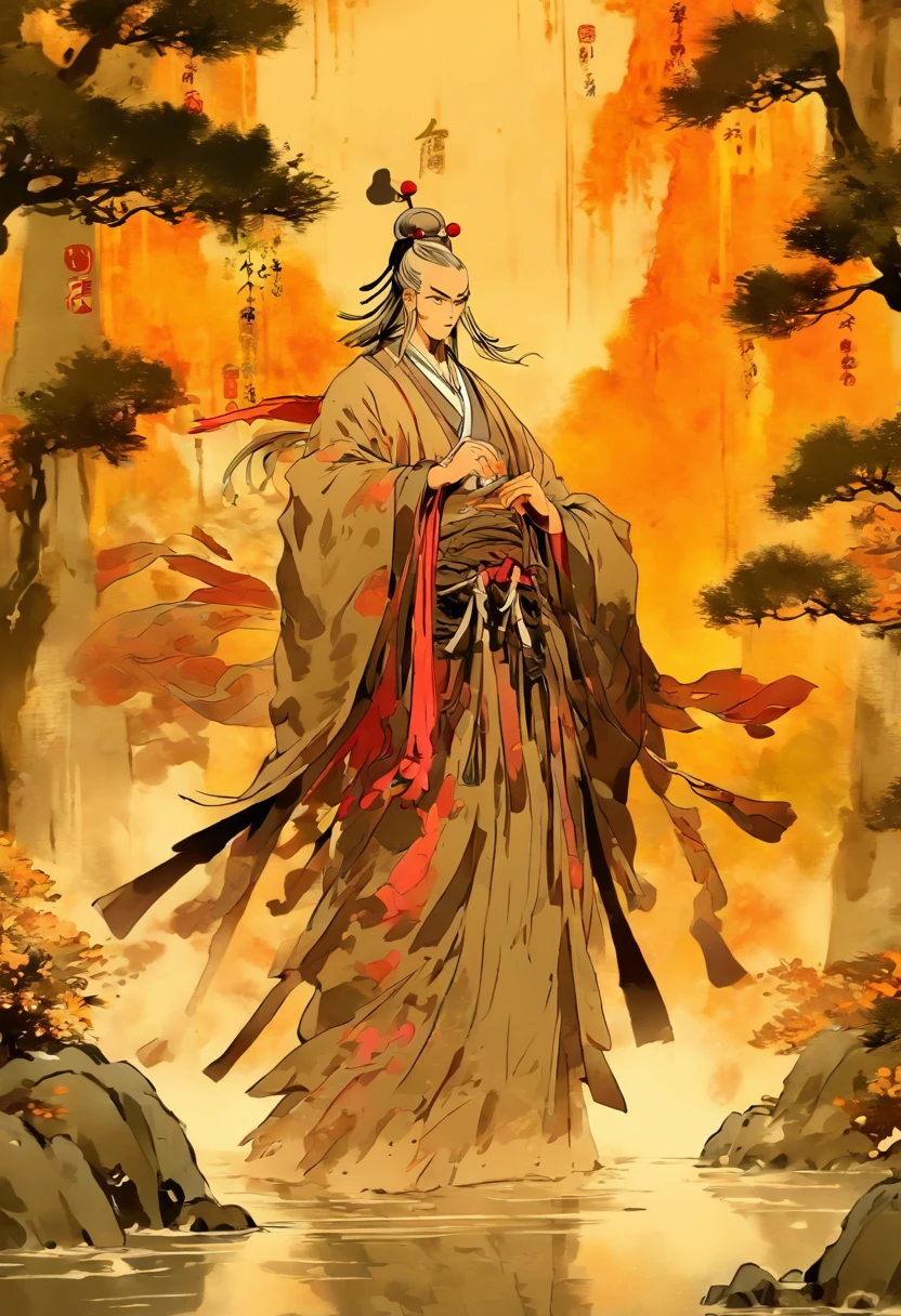 Chinese style, Chinese ink style, water ink, stains, Taoist priest standing in the forest with bow, 中景 the scene is, full body like, highly detailed surreal vfx, Chinese ink painting, oc rendered, - AR 16: 9 --q 2 --s 1000