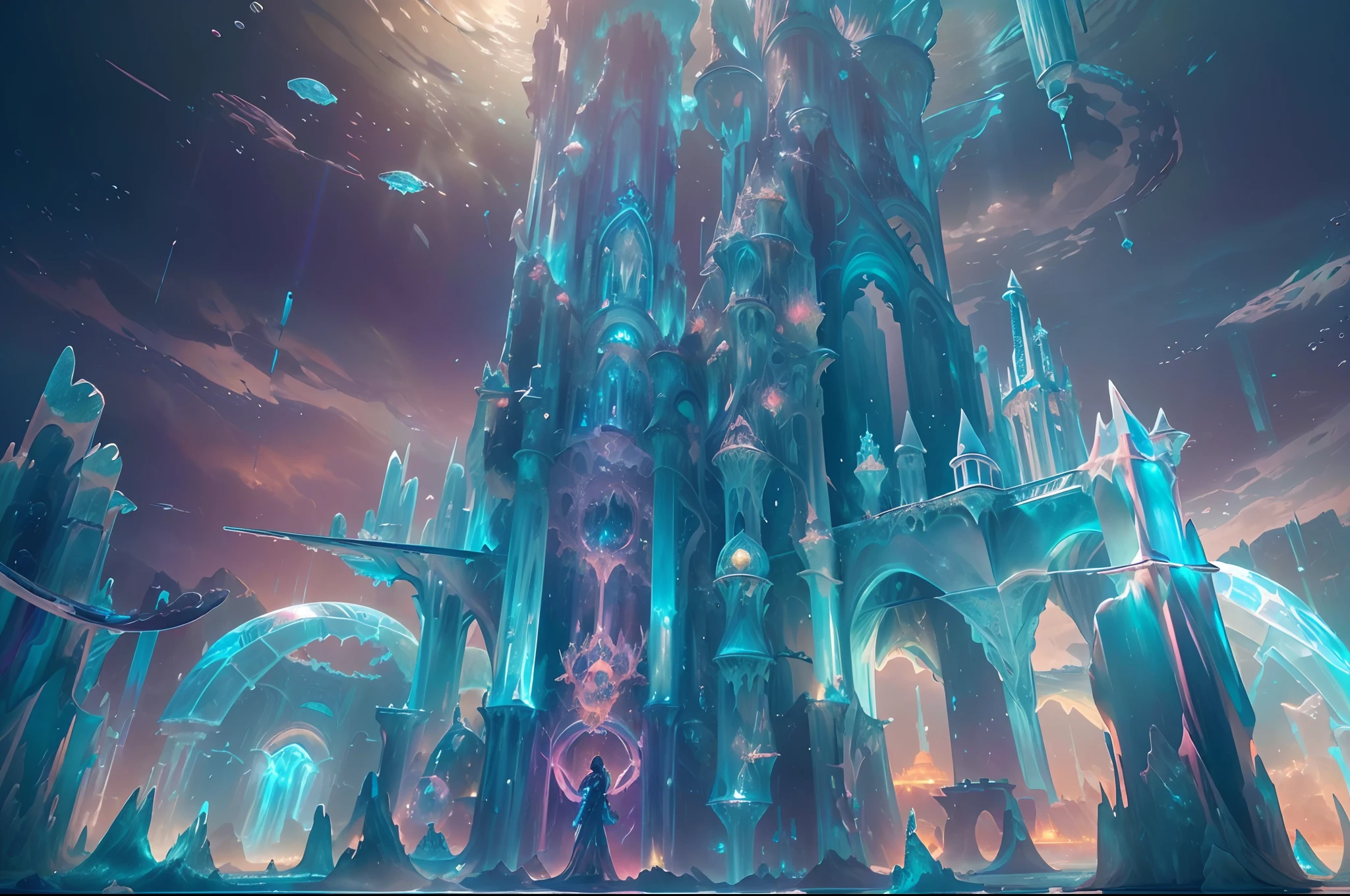 ((Need)), ((tmasterpiece)), (A detailed)),Translucent underwater ice palace,Colorful Atlantis City,Colorful underwater kingdom,Futuristic underwater city,Futuristic technology,Alien technology,Colorful magical sea creatures,Future cyberpunk,Surreal dreams,Surrealist art fantasy style,Epic digital fantasy art style,Art germ, Broken glass, ((bubbly underwater scenery)) Radiant light octane rendering is highly detailed