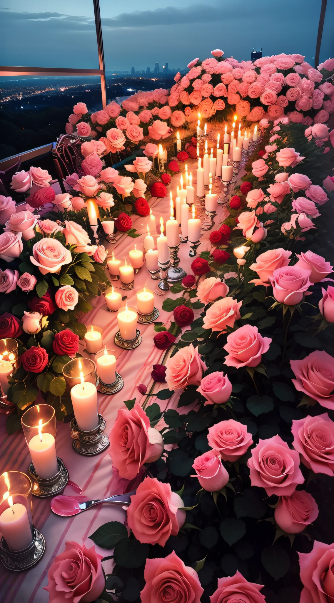 Candles and roses line the table,Great view of the city, rosette, rosses, rose pink lighting, Beautiful flowers, laying on roses, big breasts beautiful, beutifull, roses in cinematic light, Lovely, Beautiful and aesthetic, Romantic!!!, very beautiful photograph of, Romantic atmosphere, Amazing beauty, Very romantic, Rose garden, beautiful aesthetic
