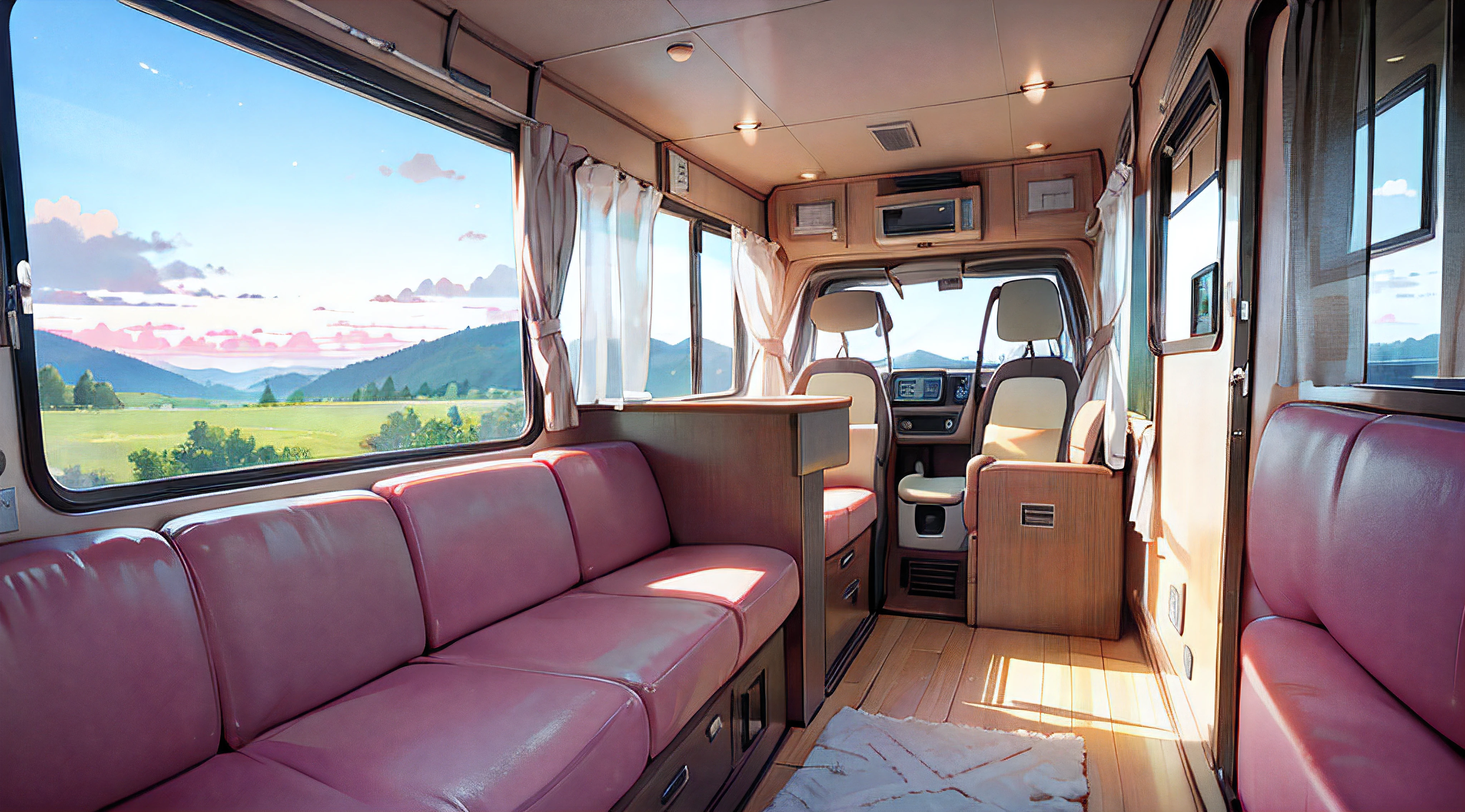 best quality, ultra-detailed, realistic,high-res, photo-realistic:1.37, motor home, traveling scene, colorful, daylight, scenic landscape, sunny weather, highway driving, family vacation, big camper vehicle, spacious interior, luxurious amenities, nature exploration, open road, mountain view, adventure, relaxing atmosphere, camping equipment, outdoor activities, cozy seating area, bunk beds, kitchenette, comfortable bed, home away from home, modern design, large windows, retro vibes, stunning sunset, expansive sky, rolling hills, serene environment, road trip memories, lifelong experiences