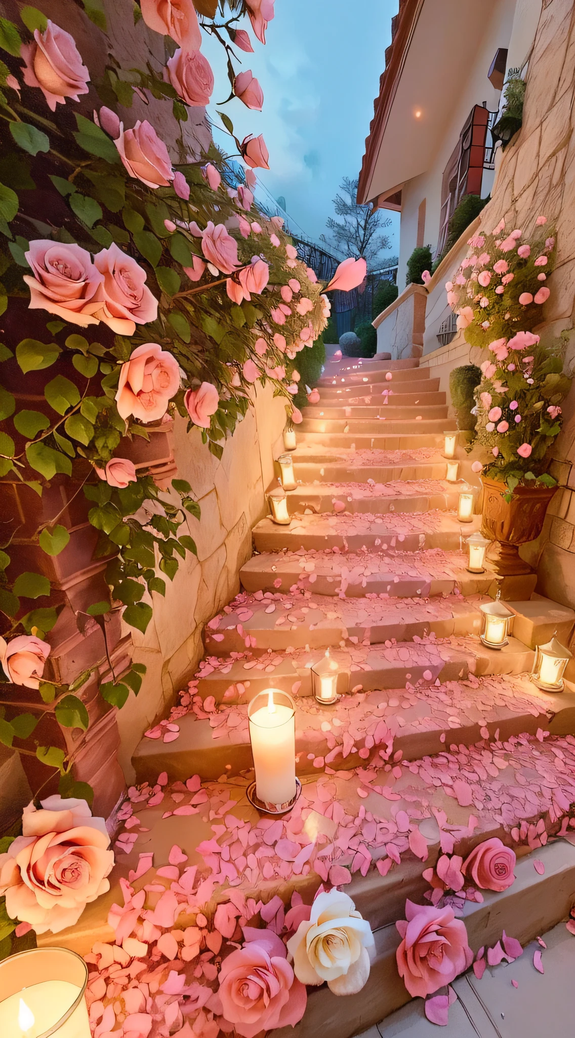 Candles are lit on the steps of the house with pink roses, beautiful ambiance, Beautiful and aesthetic, beautiful ambiance, beautiful aesthetic, romantic motifs, dreamy and romantic, portal made of roses, Romantic atmosphere, with soft pink colors, rose pink lighting, rosses, romantic setting, beutifull, A cena mais bonita, beautiful light up, dreamy aesthetic