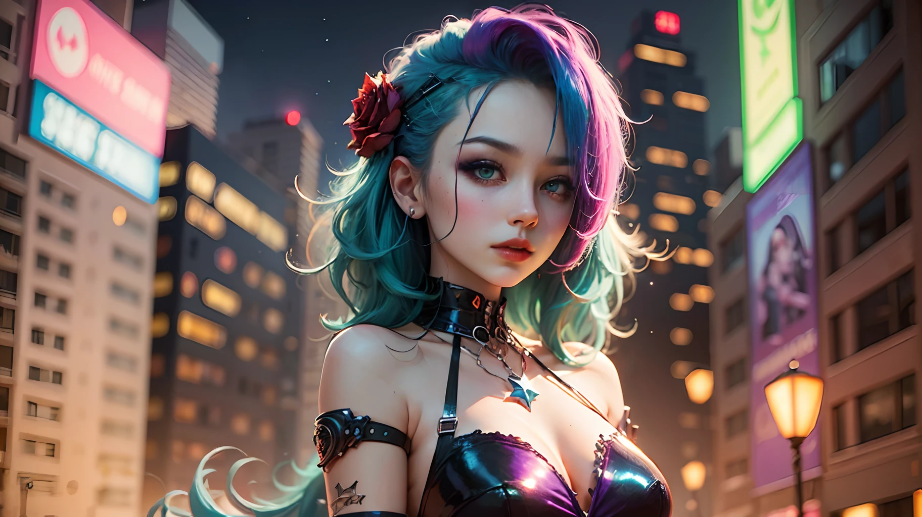 Rose red,gothic girl,purple color,red color,star shine,green style cyberpunk,blue hair,neon shine dress --auto --s2