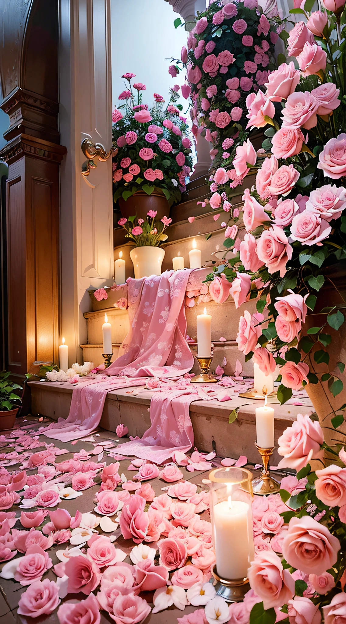 Candles are lit on the steps of the building,Pink roses, portal made of roses, rose pink lighting, romantic motifs, with soft pink colors, Beautiful and aesthetic, dreamy and romantic, beautiful ambiance, in a room full of candles, Romantic atmosphere, Flower beds on the floor, beautiful ambiance, beautiful aesthetic, exploding roses, Large rose petals