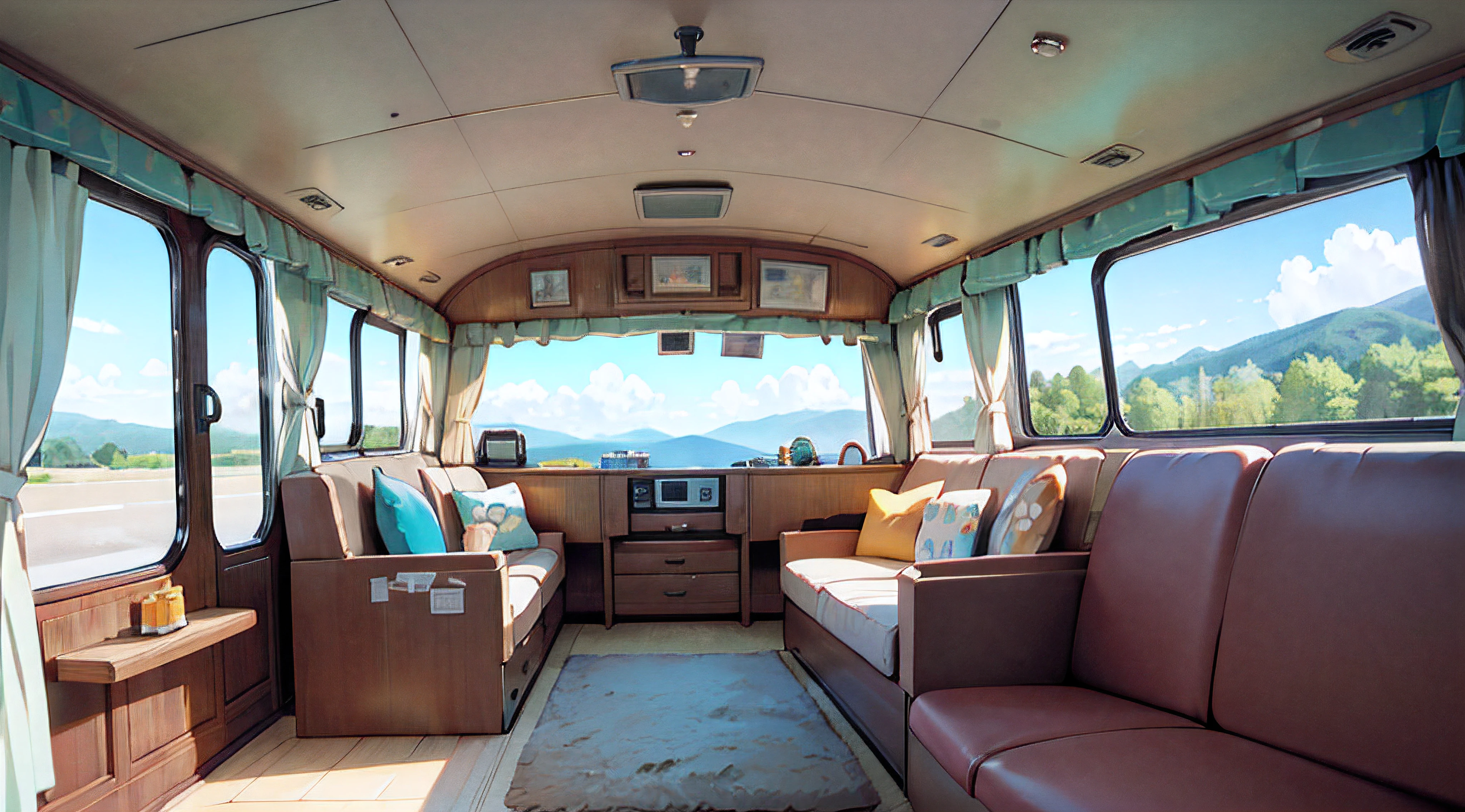 best quality, ultra-detailed, realistic,high-res, photo-realistic:1.37, motor home, traveling scene, colorful, daylight, scenic landscape, sunny weather, highway driving, family vacation, big camper vehicle, spacious interior, luxurious amenities, nature exploration, open road, mountain view, adventure, relaxing atmosphere, camping equipment, outdoor activities, cozy seating area, bunk beds, kitchenette, comfortable bed, home away from home, modern design, large windows, retro vibes, stunning sunset, expansive sky, rolling hills, serene environment, road trip memories, lifelong experiences