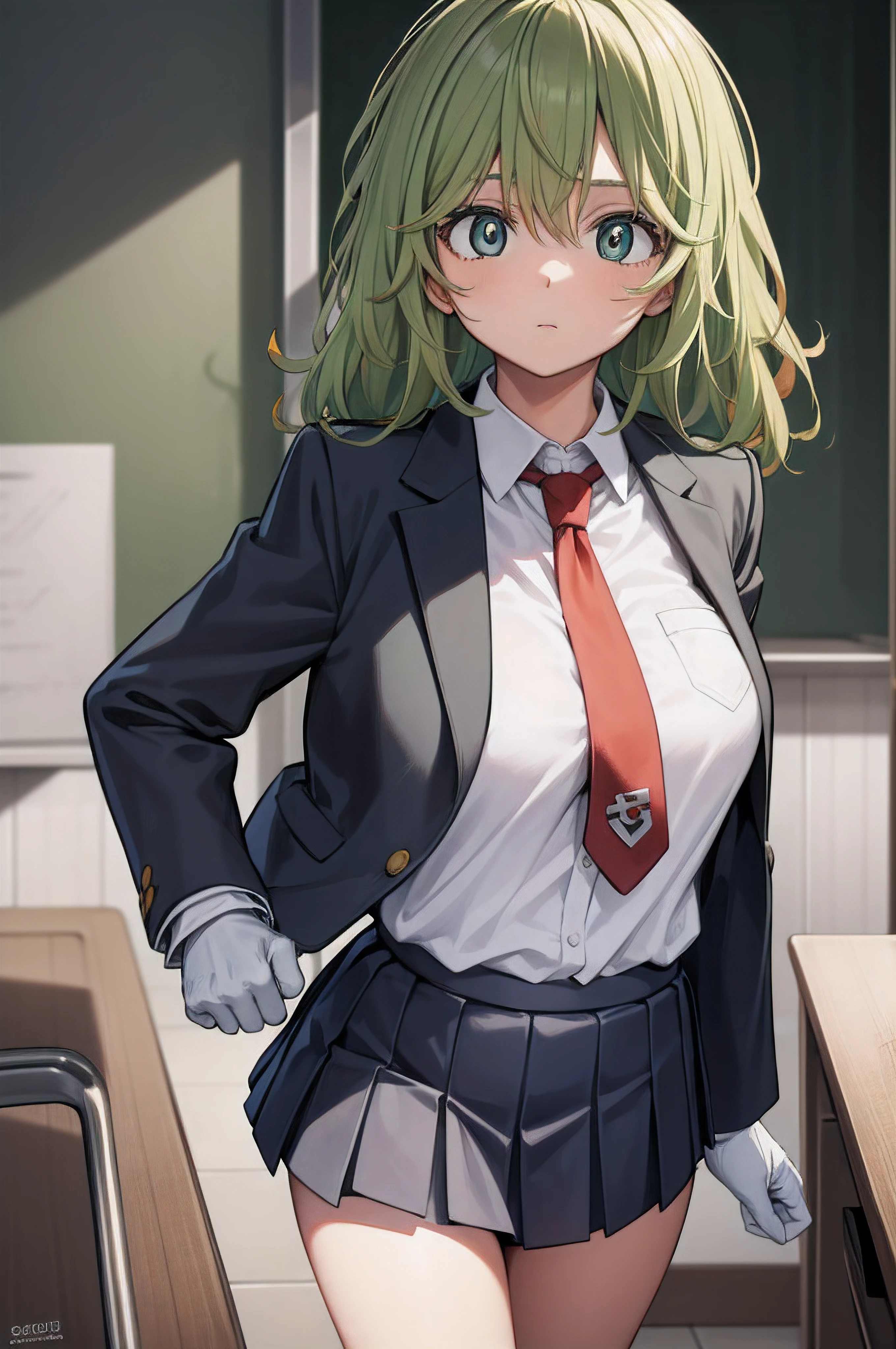 tooruhagakure, tooru hagakure, (green eyes:1.5), green hair, messy hair, multicolored hair, thick eyelashes, two-tone hair,
BREAK collared shirt, gloves, blue skirt, necktie, pleated skirt, red necktie, school uniform, shirt, skirt, u.a. school uniform, white shirt,
BREAK looking at viewer, full body,
BREAK indoors, classroom,
BREAK (masterpiece:1.2), best quality, high resolution, unity 8k wallpaper, (illustration:0.8), (beautiful detailed eyes:1.6), extremely detailed face, perfect lighting, extremely detailed CG, (perfect hands, perfect anatomy),