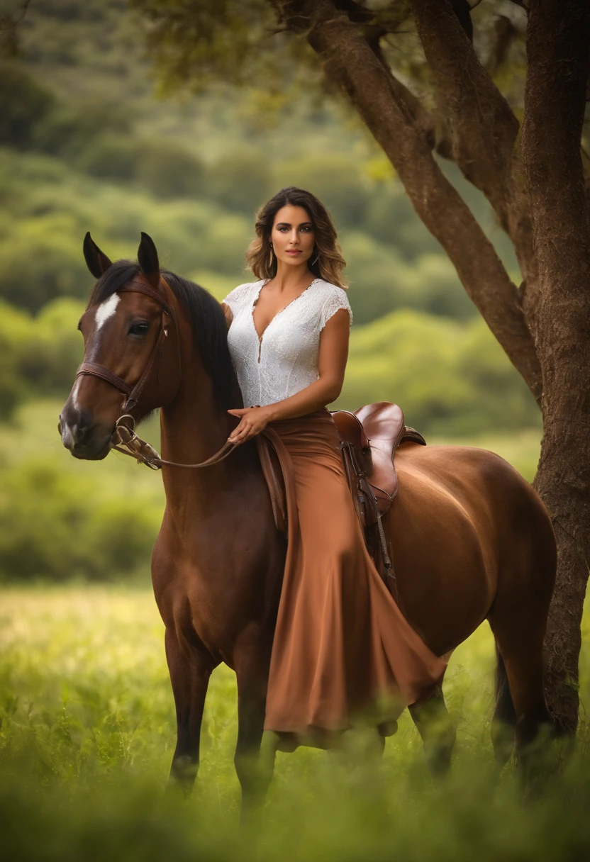 mulher latina morena em uma fazenda, corpo inteiro, montando em um cavalo, foto de costas