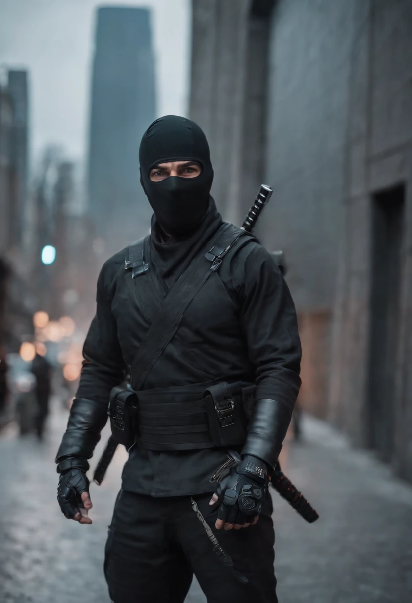 Ninja man by the name of Hélio CordeiroNair in the futuristic ninja city battle mode cyborpunk ninja strom city cyborpunk body. Completo rosto super realista 8k