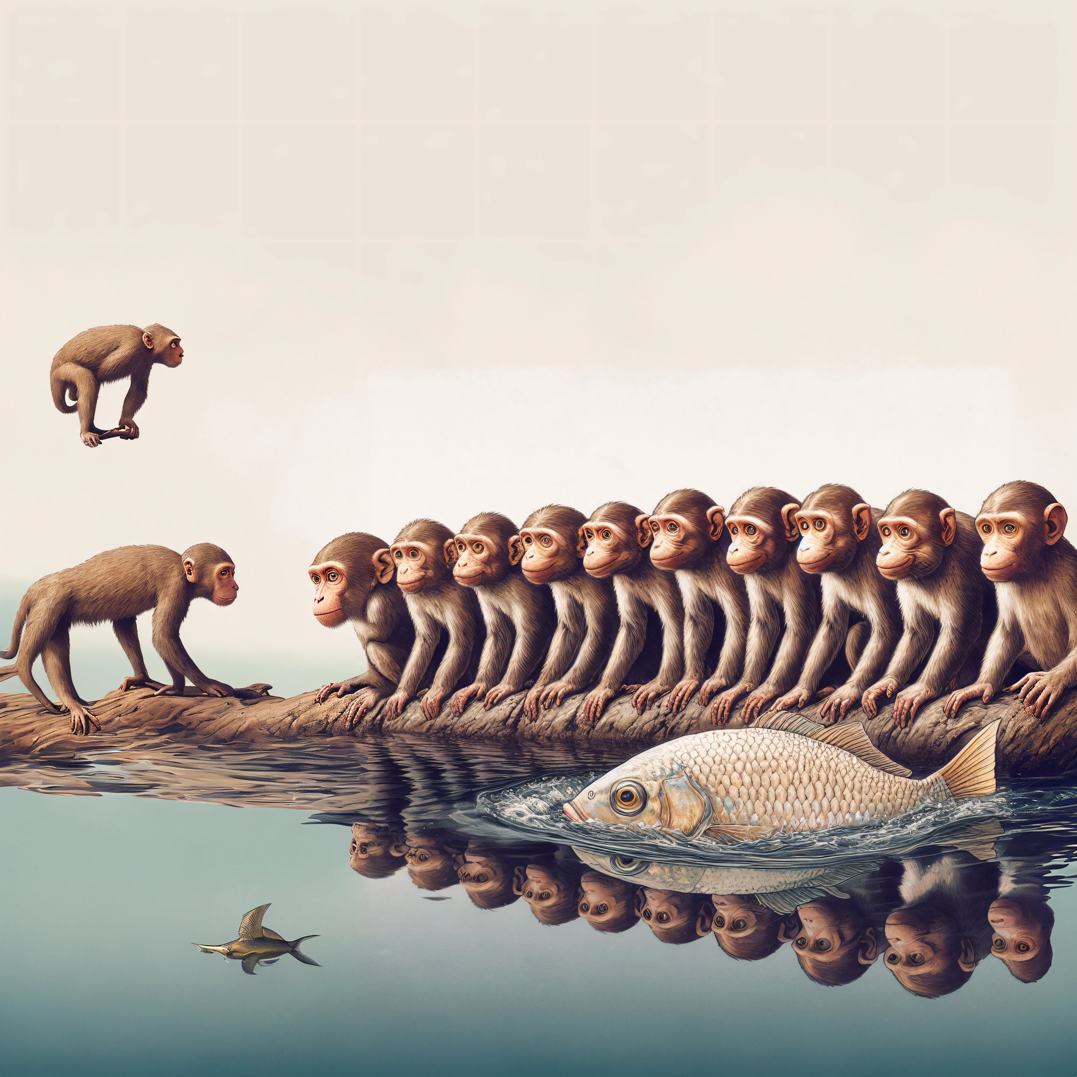 There are many monkeys sitting on a log with a fish in the water, Directed by: Stevan Dohanos, Chris Achilleos, Directed by: Robert Combas, Directed by: Min Zhen, Directed by: John Moonan, Alex Grosso, illusion surreal art, surreal illustration, Escher++, Directed by: Kim Hwan-gi, mc escher illustration, arte surrealista altamente detalhada