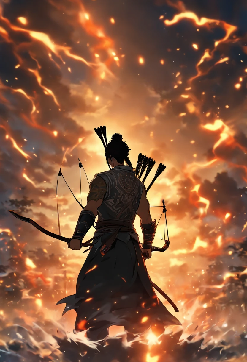 ((master piece)),(best quality)),Distant view,archer,A young Taoist priest,Bow and arrow,glow effects,hyper-realistic,Ultra photo realsim,Chinese black and white ink style,black and white ,Discoloration,Stain,ink,8k,super-fine,high quality