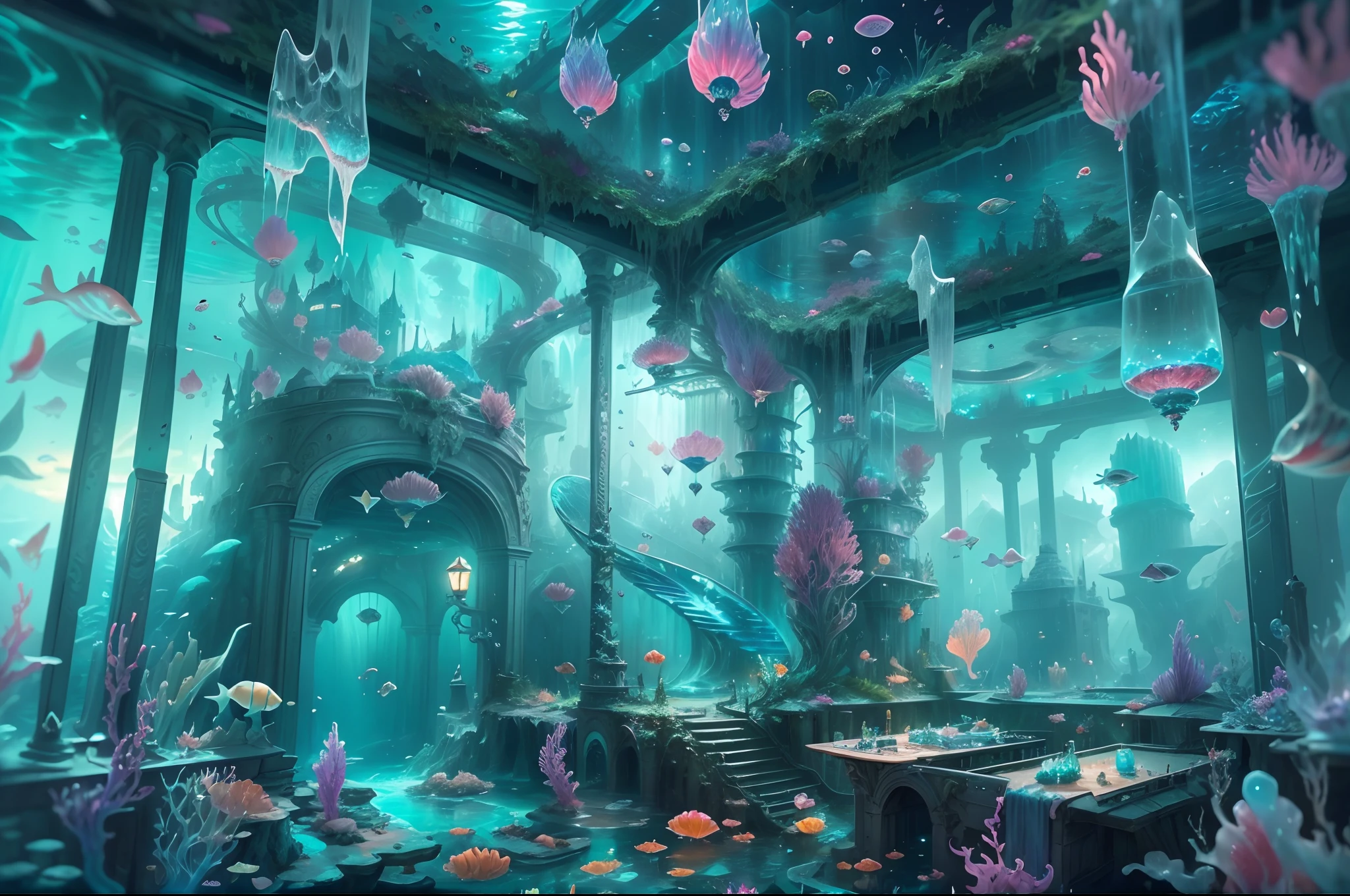 ((Need)), ((tmasterpiece)), (A detailed)),Translucent underwater ice palace,Colorful Atlantis City,Colorful underwater kingdom,Futuristic underwater city,Futuristic technology,Alien technology,Colorful magical sea creatures,Future cyberpunk,Surreal dreams,Surrealist art fantasy style,Epic digital fantasy art style,Art germ, Broken glass, ((bubbly underwater scenery)) Radiant light octane rendering is highly detailed