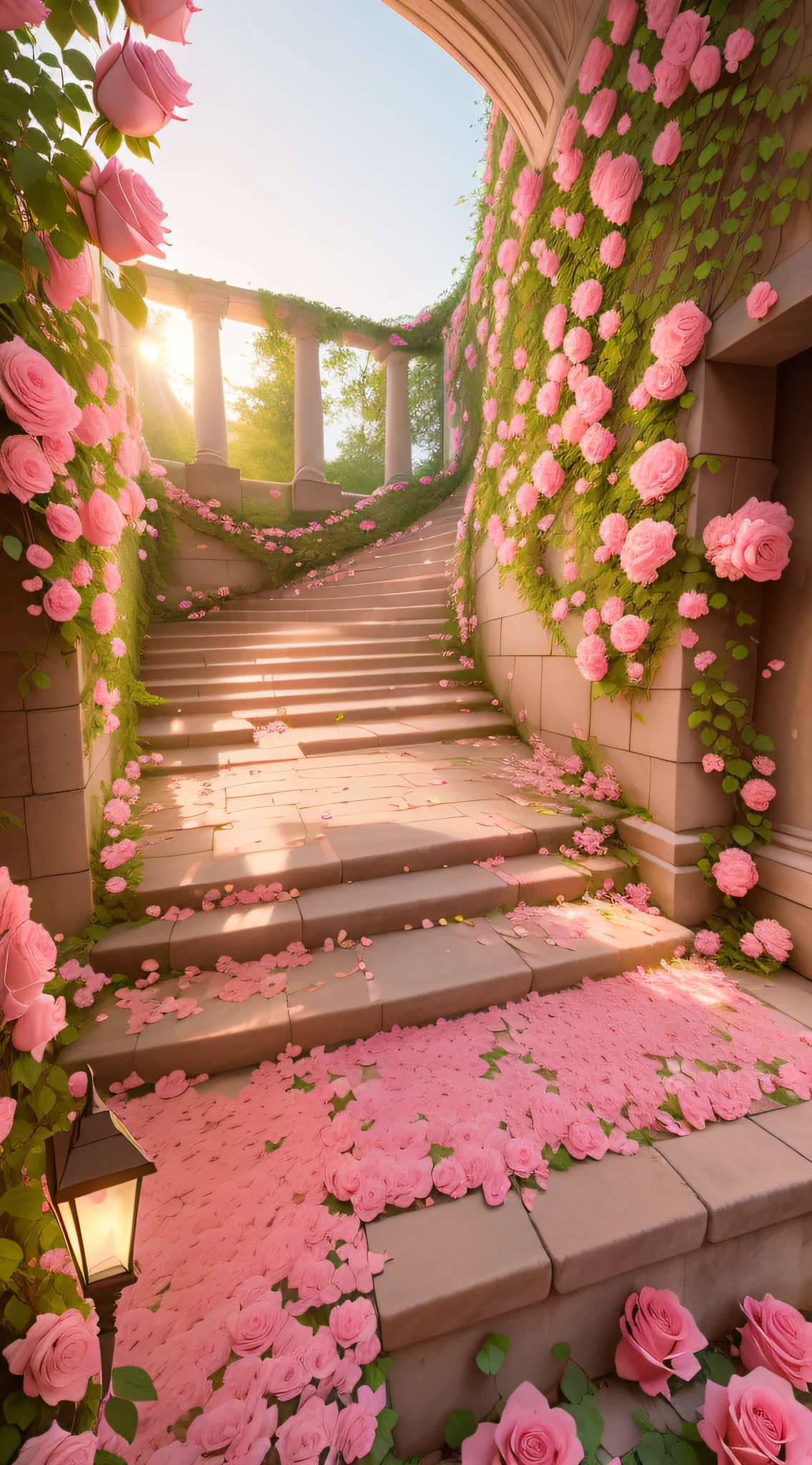 Many pink roses grow on the steps, Beautiful and aesthetic, portal made of roses, blossoming path to heaven, beautiful aesthetic, rose pink lighting, an aesthetic field of flowers, leading to a beautiful, Magical flowers, pink golden hour, with soft pink colors, dreamy aesthetic, beautiful aesthetic design, Glowing flowers, roses in cinematic light