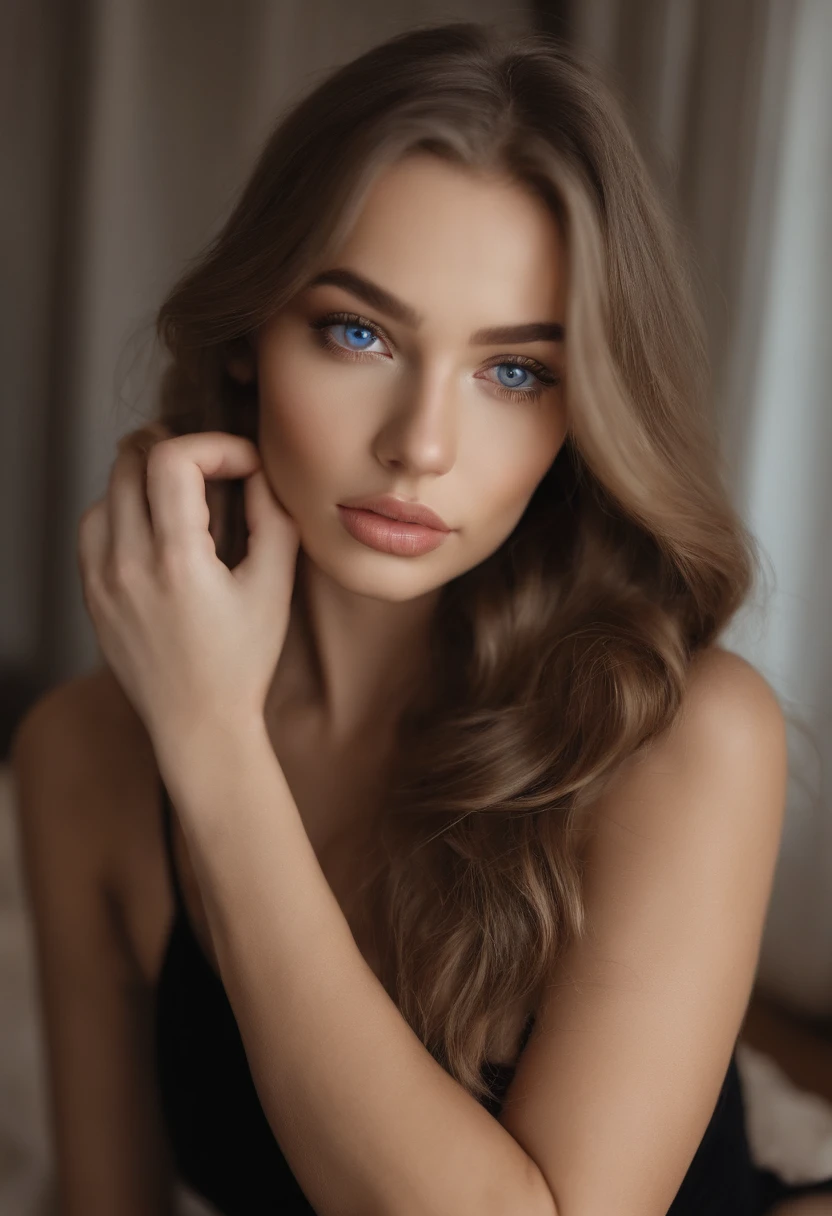 Arafed pleine femme, Sexy girl with ultra realistic blue eyes, Meticulously detailed, portrait de Sophie Mudd, cheveux blonds et grands yeux, selfie of a young woman, Yeux de chambre, Violet Myers, pas de maquillage, maquillage naturel, looking straight at camera, Visage Artgram, Maquillage subtil, Impressive photo of the whole body kneeling on the bed, dans la chambre, Poitrine de taille moyenne et grande, allow the face to be seen clearly, portrait