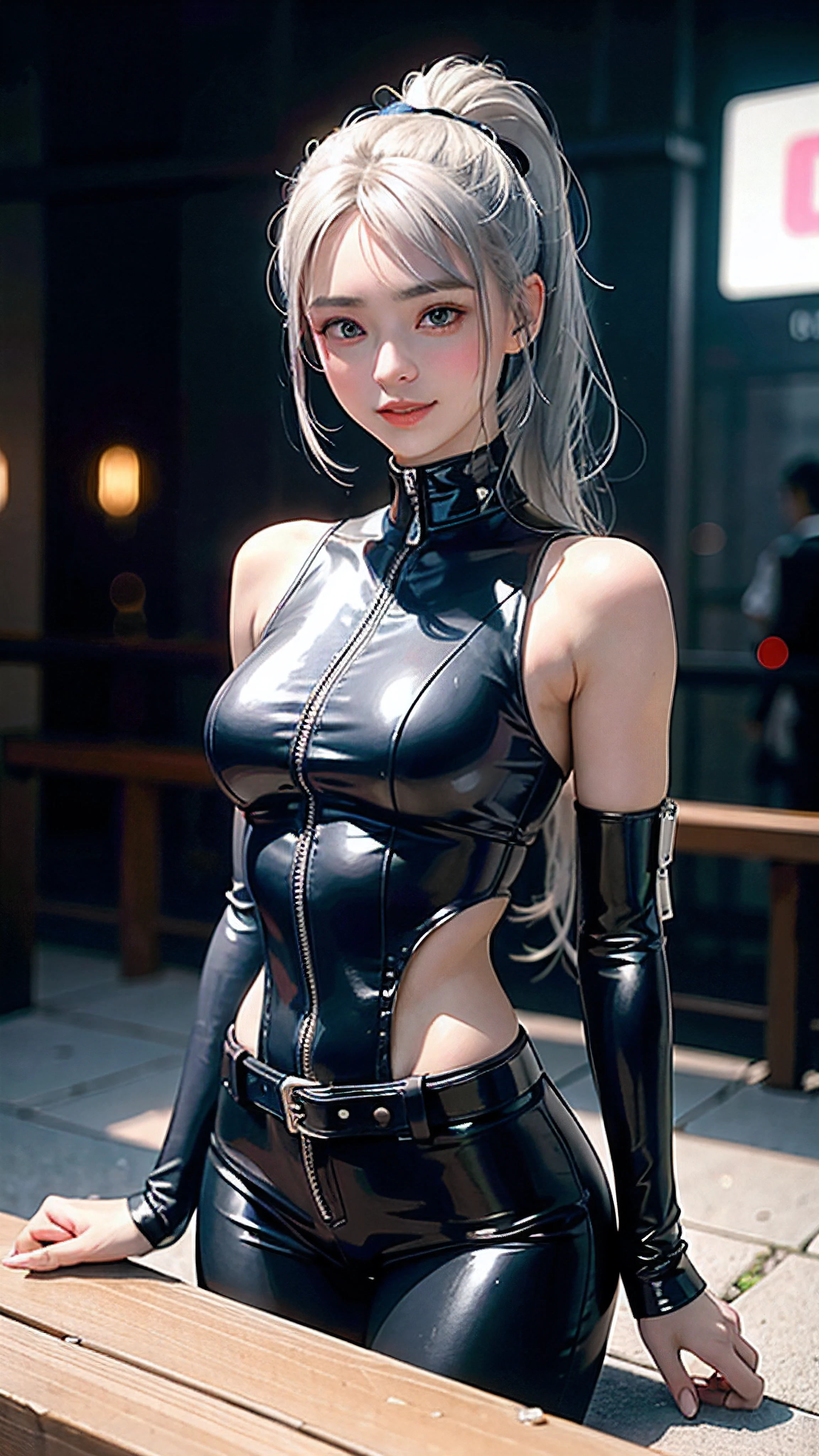 Lolita, smiling, 20 years old, ((best quality)), ((masterpiece)), (high definition:1.3), 3D, beautiful (cyberpunk:1.3), stylish woman looking at camera black leather clothes, sleeveless, embarrassed, waist skin invisible, blue-black leather pants, silver zipper,belt below the waist,super fine illustration,blond hair , showing forehead, silver center zipper, leather blue black bodysuit, sleevelesblue blacks, shiny, blonde ponytail