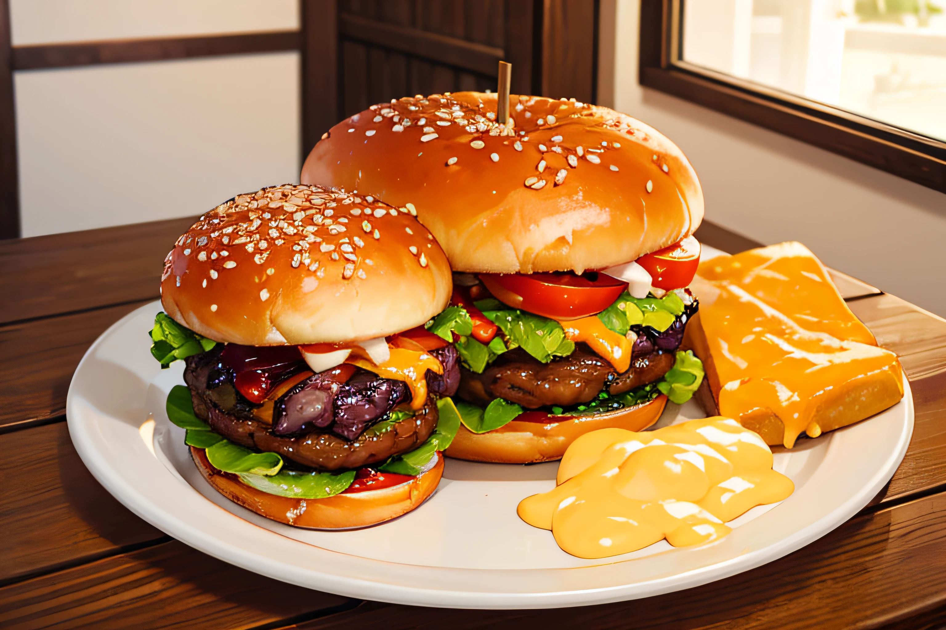 ((Masterpiece)), ((Best Quality)), A sumptuous gourmet burger with perfectly melted cheese and fresh vegetables, served on a rustic wooden table.