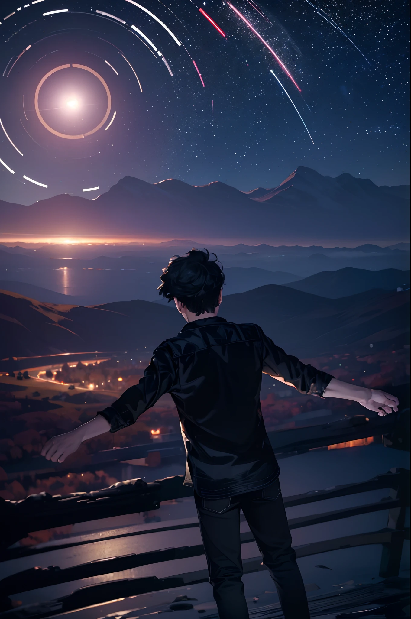 ((Best Quality, 8K, Masterpiece: 1.3)), landscape, morning shoot, star trail, slow speed, standing young man with black hair, black jeans, look at the stars, amazing scenery, hundreds of stars forming a circle, light waves, futures city, magic in hands.