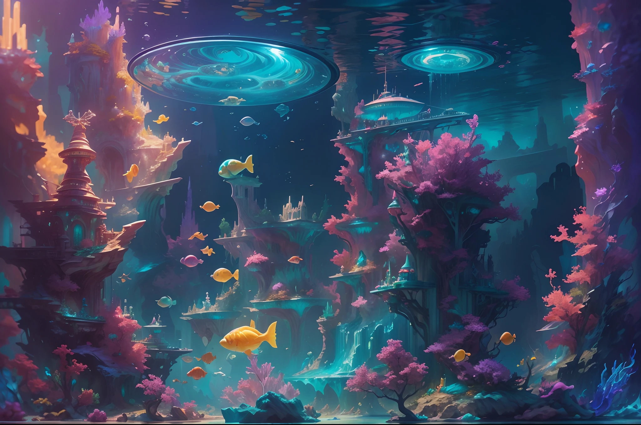 ((Need)), ((tmasterpiece)), (A detailed))，marvel universe，Colorful Atlantis City，Colorful underwater kingdom，Futuristic underwater city，Futuristic technology，Alien technology，Colorful magical sea creatures，Future cyberpunk，Surreal dreams，Surrealist art fantasy style，Epic digital fantasy art style，Art germ, Broken glass, ((bubbly underwater scenery)) Radiant light octane rendering is highly detailed