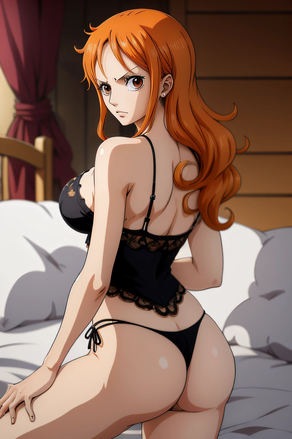 (Estilo de arte anime), Nami de One Piece, brown eyes, Pelo largo naranja, Wearing black lingerie, Ruboroso, orinar en la cama, (Estilo de arte anime), (NSFW), Vista posterior