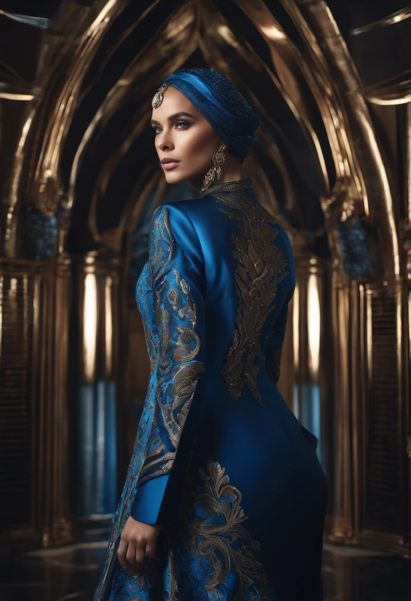 Create a guiding design of a futuristic and intelligent garment in the tailoring sector in very extravagant blue and metallic tones.