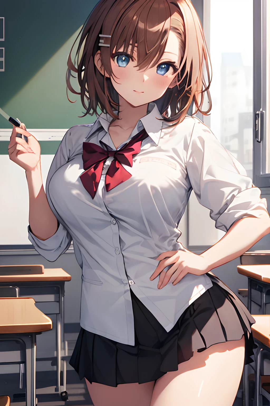 [1girl, 1girl, nice nature \(umamusume\), umamusume], (throw_hand, pink vibrator remote switch in throw_hand, throw:1.2), Highest quality, Super detailed, masterpiece, Ultra-high resolution, 8K, Ridiculous, Cowboy Shooting, Blurred, One girl, Focus on the girl, Embarrassing, blush, Lovely, Close one eye, With tears in her eyes and her mouth open, What saliva leaves behind, Wet skirt hem, (Sticky panties:1.1), Bulging of the vibrator cord, Vibrator with Garters, (cleavage), Classroom Background, The skirt is accidentally exposed,(large breasts), (crop top navel), (waist line), Accidentally exposed panties