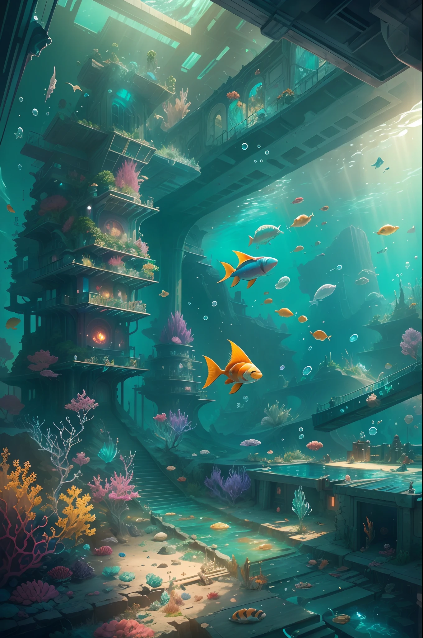 ((Need)), ((tmasterpiece)), (A detailed)),marvel universe,The colorful city of Atlantis,Colorful underwater kingdom,Futuristic underwater city,Futuristic technology,Alien technology,Colorful and magical sea creatures,Future cyberpunk,Surreal dreams,Surrealist art fantasy style,Epic digital fantasy art style,Art germ, Broken glass, ((bubbly underwater scenery)) Radiant light octane rendering is highly detailed