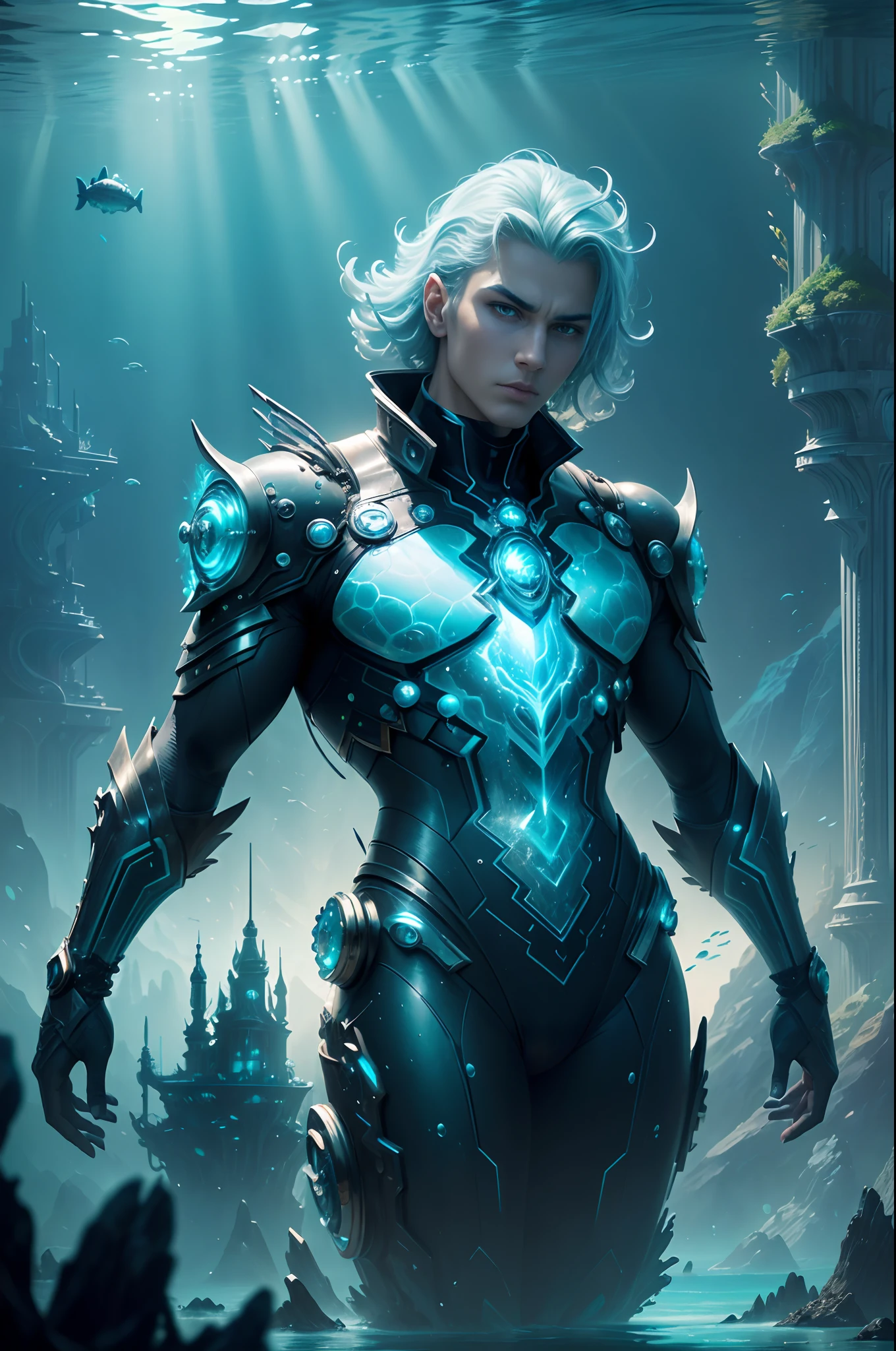 ((Need)), ((tmasterpiece)), (A detailed)),marvel universe,atlantean,Undersea Kingdom,Futuristic underwater city,Futuristic technology,Alien technology,Marine life,Future cyberpunk,Surreal dreams,Surrealist art fantasy style,Epic digital fantasy art style,Art germ, Broken glass, ((bubbly underwater scenery)) Radiant light octane rendering is highly detailed