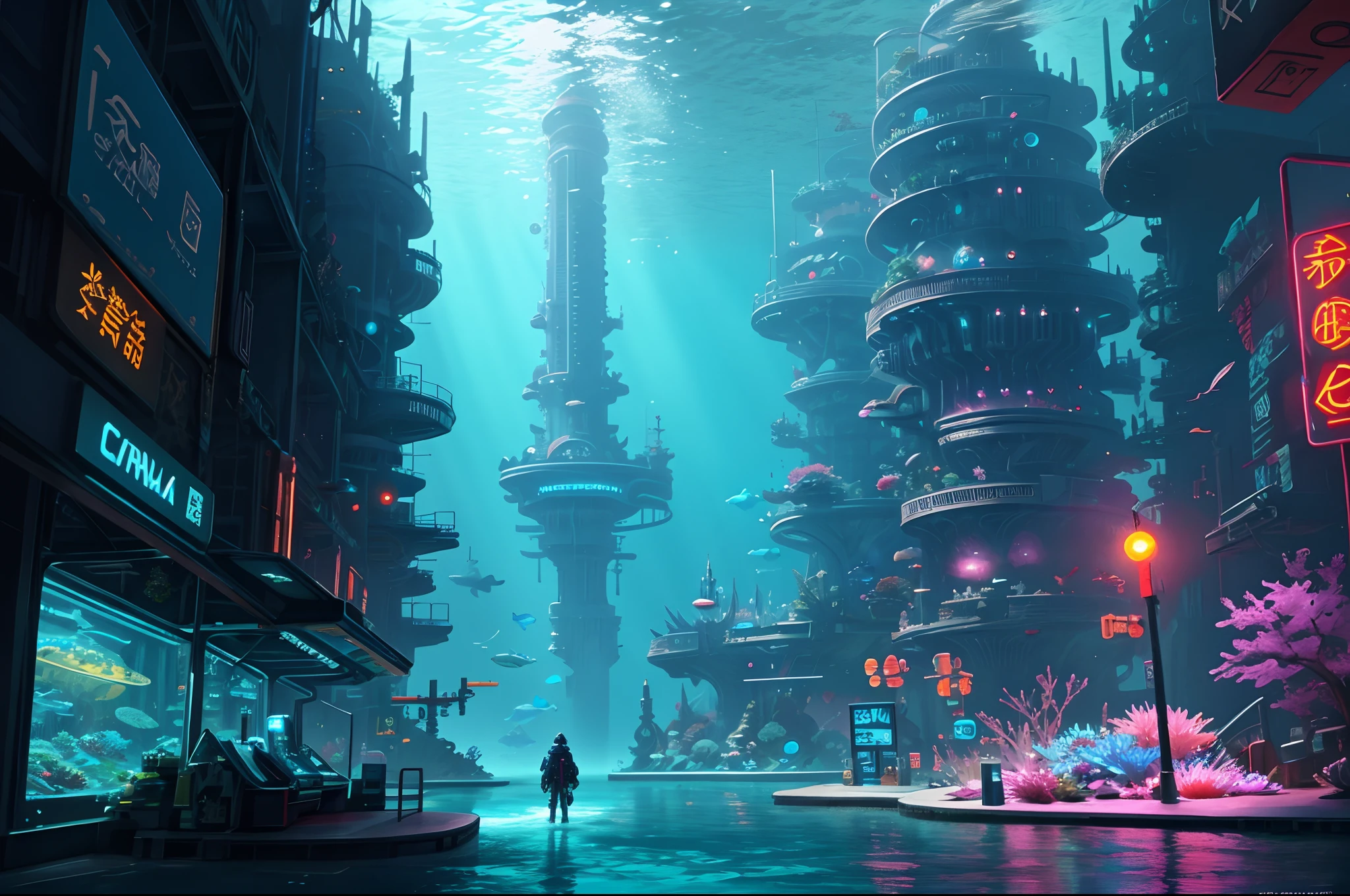 There is a large underwater futuristic wonderland，There are a lot of colorful fish inside, an underwater city, futuristic underwater metropolis, an underwater city, Underwater market, Colorful underwater creatures，deep sea cyberpunk, cyberpunk atlantis, Stylized urban fantasy artwork, underwater environment, 8 K high detail concept art, undersea environment, author：Dan Christensen, Concept art wallpaper 4K, concept art 8 k, author：Alexander Kucharisky