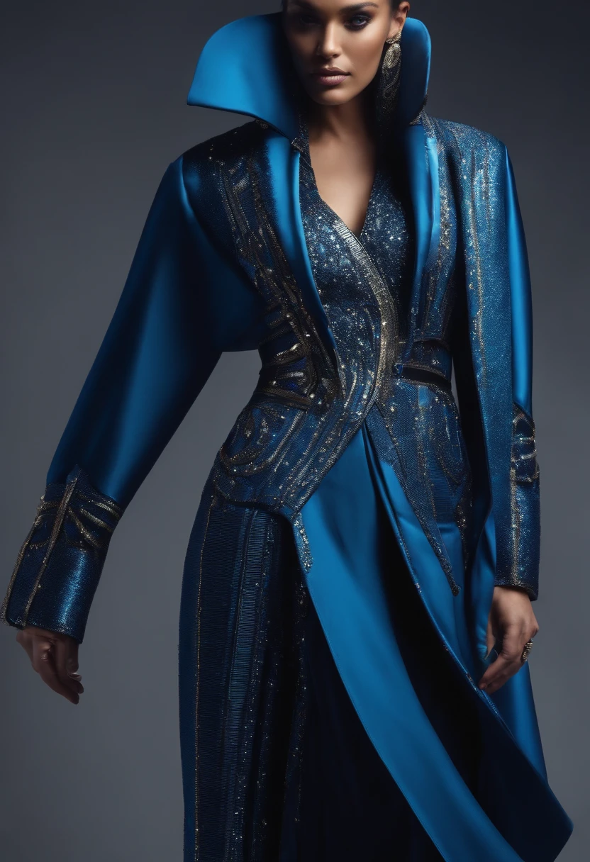 Create a guiding design of a futuristic and intelligent garment for men and women in the tailoring sector in very extravagant blue and metallic tones.