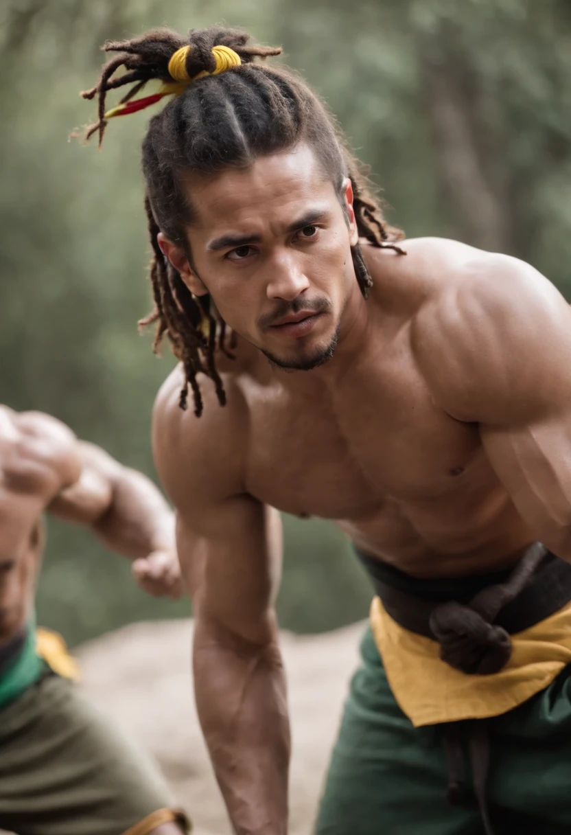 Man with Rasta Hair Muscular Body Martial Arts Master Gagu Shirtless Hand With Gi And Black Waist Feel Fighting With 5 Men 8k Super Realistic