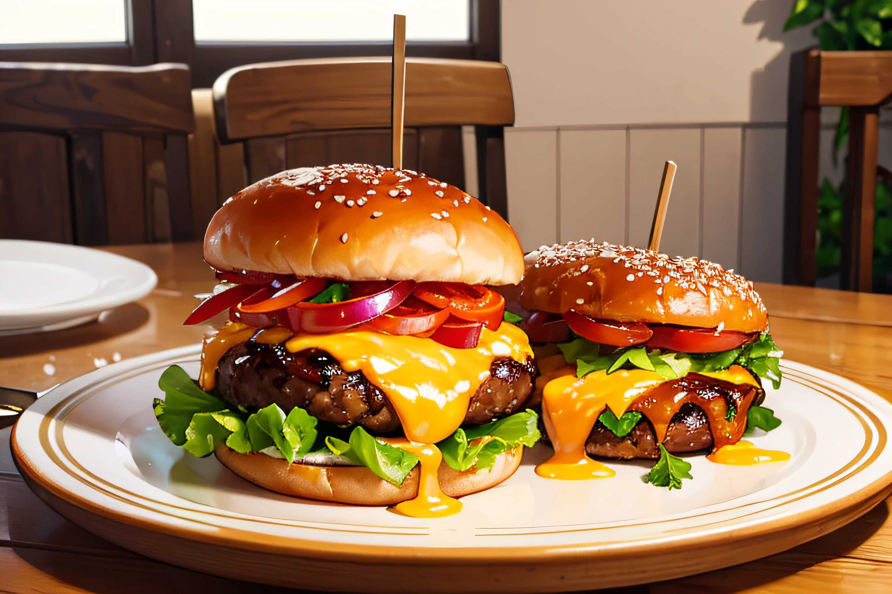 ((Masterpiece)), ((Best Quality)), A sumptuous gourmet burger with perfectly melted cheese and fresh vegetables, served on a rustic wooden table.