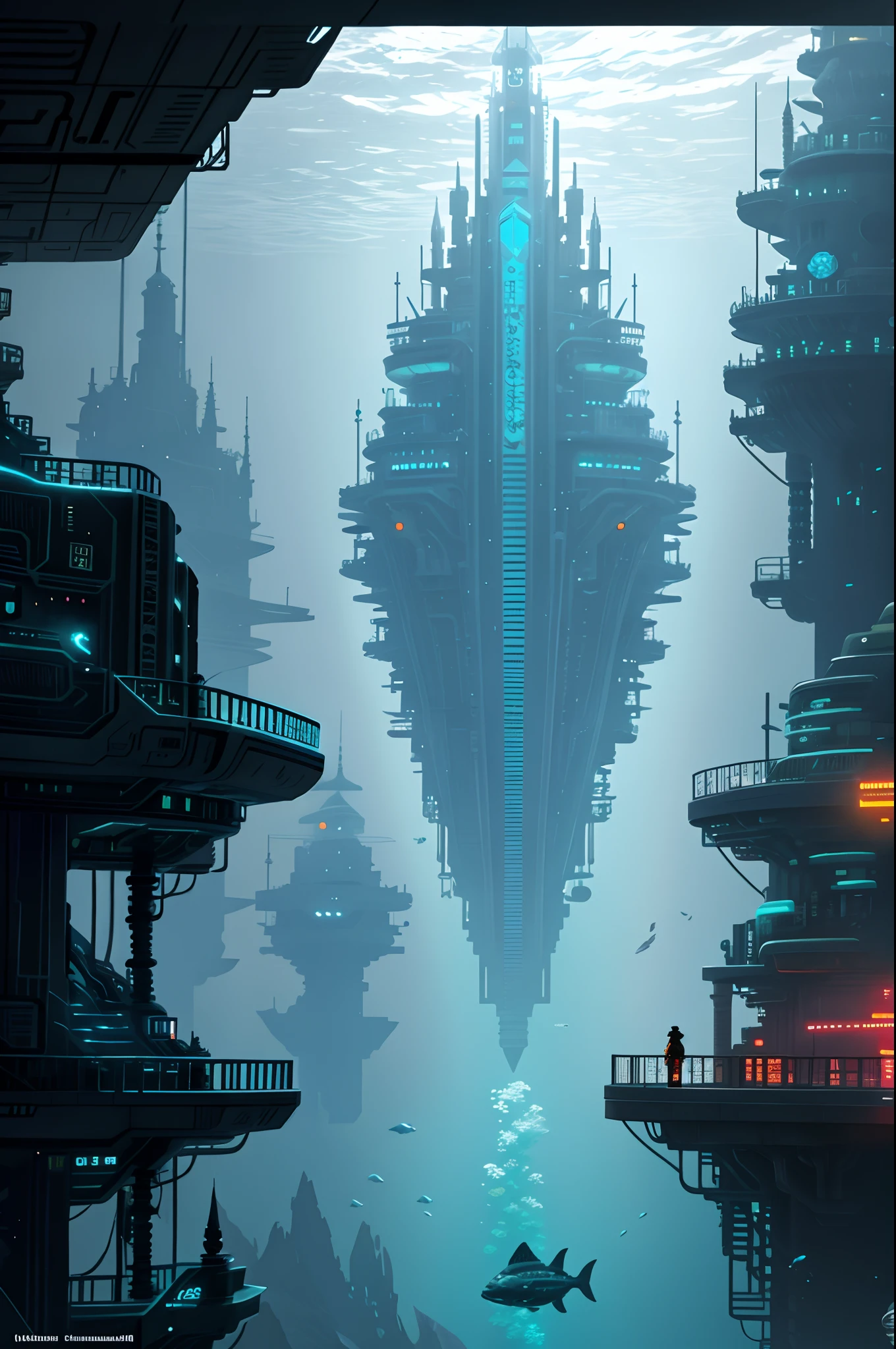 There is a large underwater futuristic wonderland,There are a lot of fish in it, an underwater city, futuristic underwater metropolis, an underwater city, Underwater market, deep sea cyberpunk, cyberpunk atlantis, Stylized urban fantasy artwork, underwater environment, 8 K high detail concept art, undersea environment, author:Dan Christensen, Concept art wallpaper 4K, concept art 8 k, author:Alexander Kucharisky