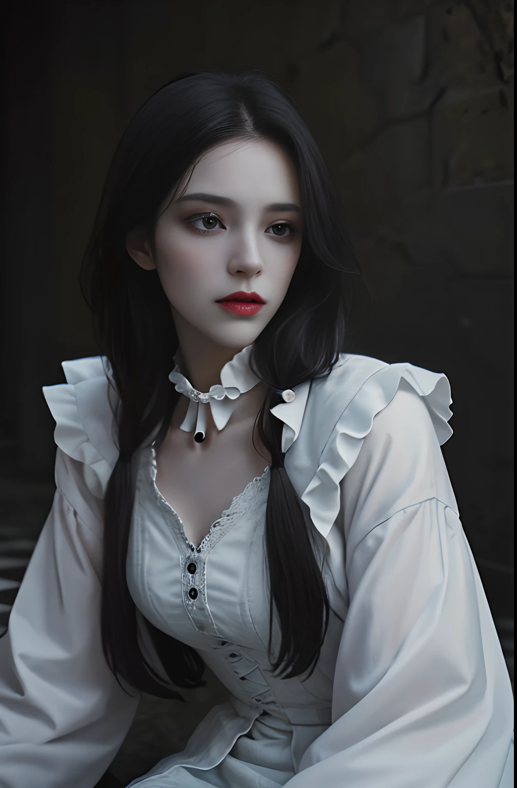 Dracula pays tribute to realistic, half-body professional photos, dark fantasy, highly detailed scary vampire woman Dracula, long black hair, wearing a white blood coat and a high-necked ruffle shirt, sitting on a bone chair with sharp corners, blood-covered marble floor, intricate details and sharpness, ((incredibly detailed face, incredibly detailed skin, incredibly detailed eyes)), ((detailed facial features)), (covered by a skull), (lying on his back in a skull pit), (Depth of field: 0.8), ((Sharp focus: 1.4)), Epic ambient light, very dark lighting, extremely detailed eyes and face, detailed background, 8K resolution, Film, (Bram Stoker)