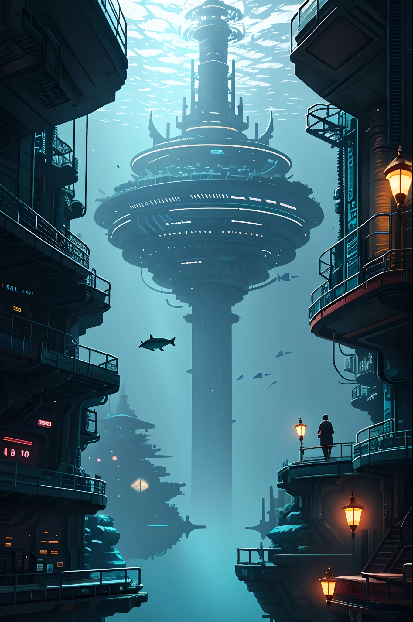 There is a large underwater futuristic wonderland,There are a lot of fish in it, an underwater city, futuristic underwater metropolis, an underwater city, Underwater market, deep sea cyberpunk, cyberpunk atlantis, Stylized urban fantasy artwork, underwater environment, 8 K high detail concept art, undersea environment, author:Dan Christensen, Concept art wallpaper 4K, concept art 8 k, author:Alexander Kucharisky