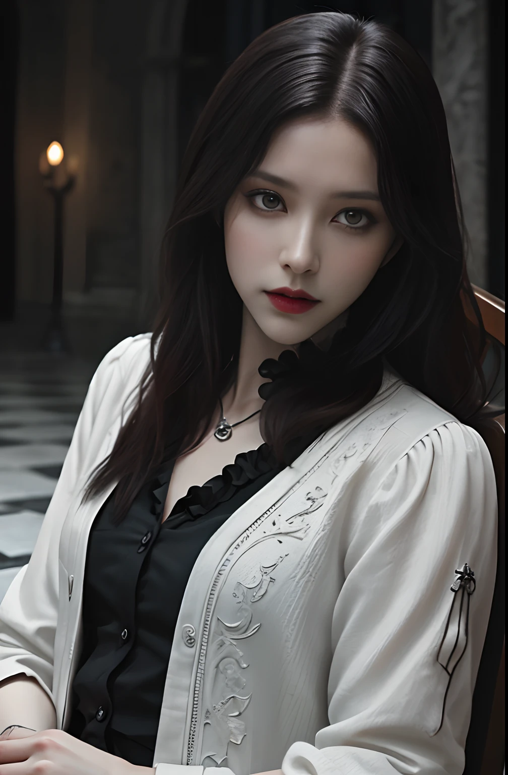 Dracula pays tribute to realistic, half-body professional photos, dark fantasy, highly detailed scary vampire woman Dracula, long black hair, wearing a white blood coat and a high-necked ruffle shirt, sitting on a bone chair with sharp corners, blood-covered marble floor, intricate details and sharpness, ((incredibly detailed face, incredibly detailed skin, incredibly detailed eyes)), ((detailed facial features)), (covered by a skull), (lying on his back in a skull pit), (Depth of field: 0.8), ((Sharp focus: 1.4)), Epic ambient light, very dark lighting, extremely detailed eyes and face, detailed background, 8K resolution, Film, (Bram Stoker)