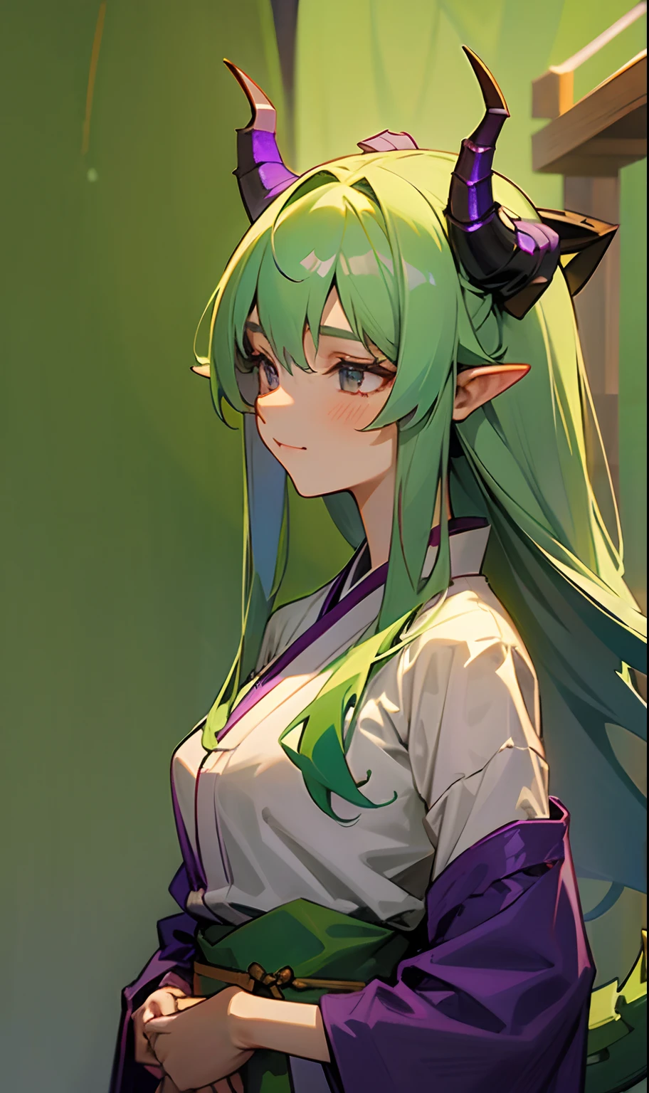 20 year old girl with medium body, long green hair, medium breast, wearing a green haori with purple dragon horns on her head and purple dragon tail