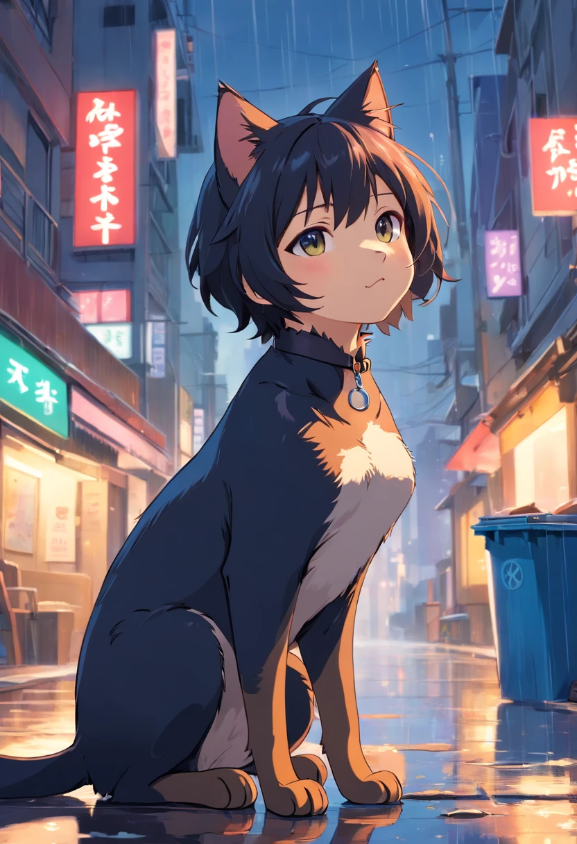 Black kitten, Posing as a cat, rainy day,Wet hair,Wet hair,cute little,meticulous expression,City street background,cranny,Trash can next to it,Detailed background depiction,Ultra HD and Ultra High Definition