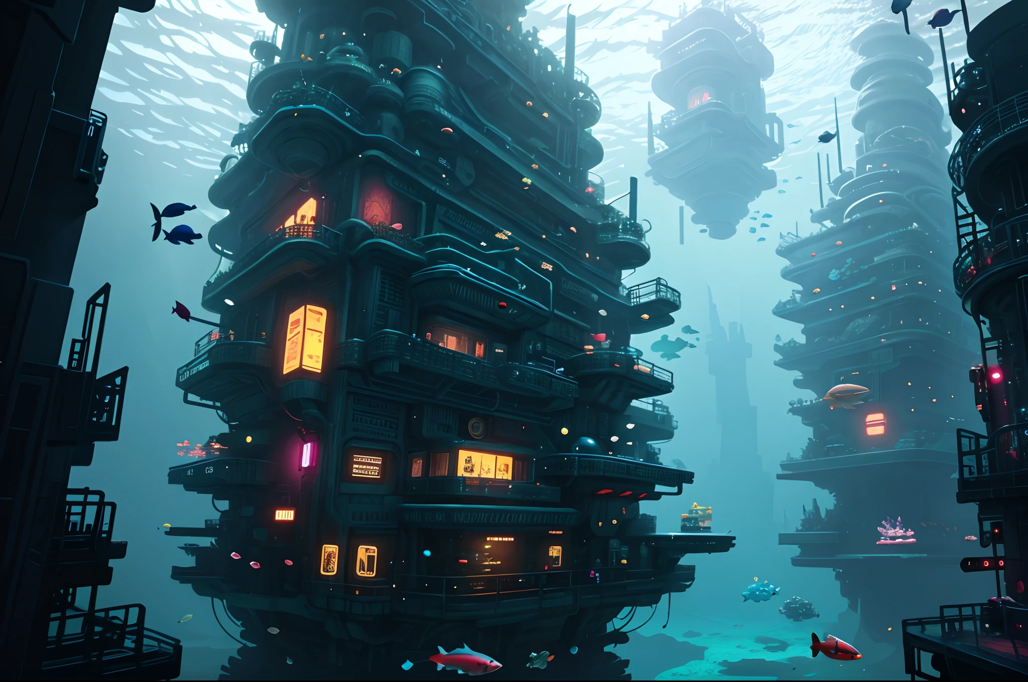 There is a large underwater futuristic wonderland，There are a lot of fish in it, an underwater city, futuristic underwater metropolis, an underwater city, Underwater market, deep sea cyberpunk, cyberpunk atlantis, Stylized urban fantasy artwork, underwater environment, 8 K high detail concept art, undersea environment, author：Dan Christensen, Concept art wallpaper 4K, concept art 8 k, author：Alexander Kucharisky