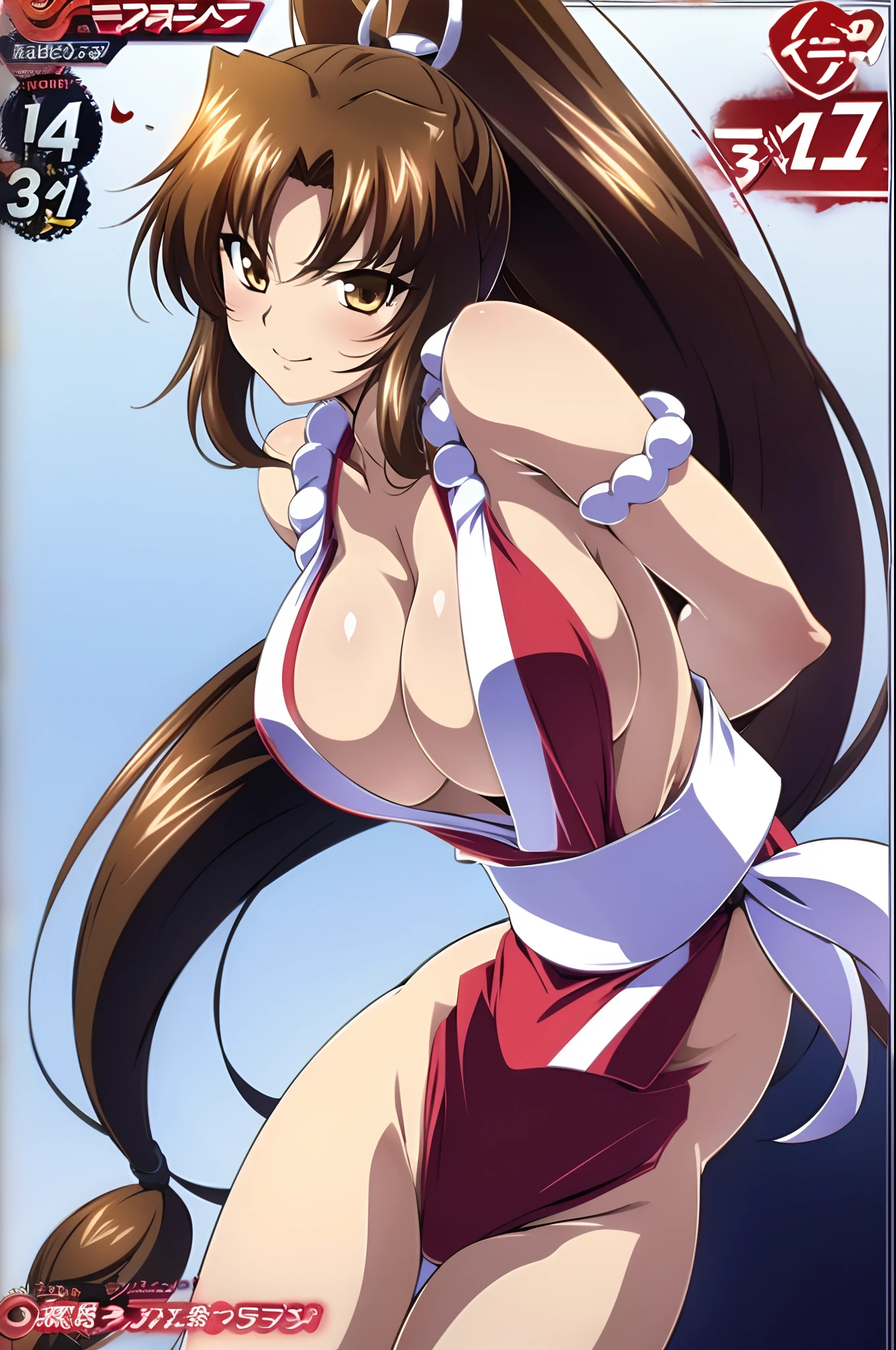 ((mai shiranui)),((straight-on)),(Portrait),full bodyesbian,(forest),Simple background,((offcial art)),((Fake screenshots)),(((Anime screencap))),a beauty girl,Slim waist,neat figure,Slender waist,young girl,ninjartist,Long hair,High ponytail,pony tails,brown_Hair/brown_Eyes,Top down_Bottom-up,arm support,Blush,Light smile,Beautiful detailed eyes,Eyes visible through hair,Areola Slip,Unbuttoned clothes,Side Chest,cleavage,white backgrounid