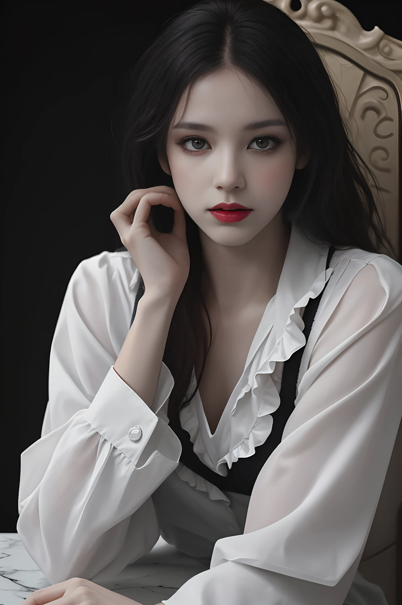 Dracula pays tribute to realistic, half-body professional photos, dark fantasy, highly detailed scary vampire woman Dracula, long black hair, sex look, big breast, wearing a white bloody coat and a high-necked ruffle shirt, sitting on a bone chair with sharp corners, blood-covered marble floor, intricate details and sharpness, ((incredibly detailed face, incredibly detailed skin, incredibly detailed eyes)), ((detailed facial features)), (covered by a skull), (lying on his back in a skull pit), (Depth of field: 0.8), ((Sharp focus: 1.4)), Epic ambient light, very dark lighting, extremely detailed eyes and face, detailed background, 8K resolution, Film, (Bram Stoker)
