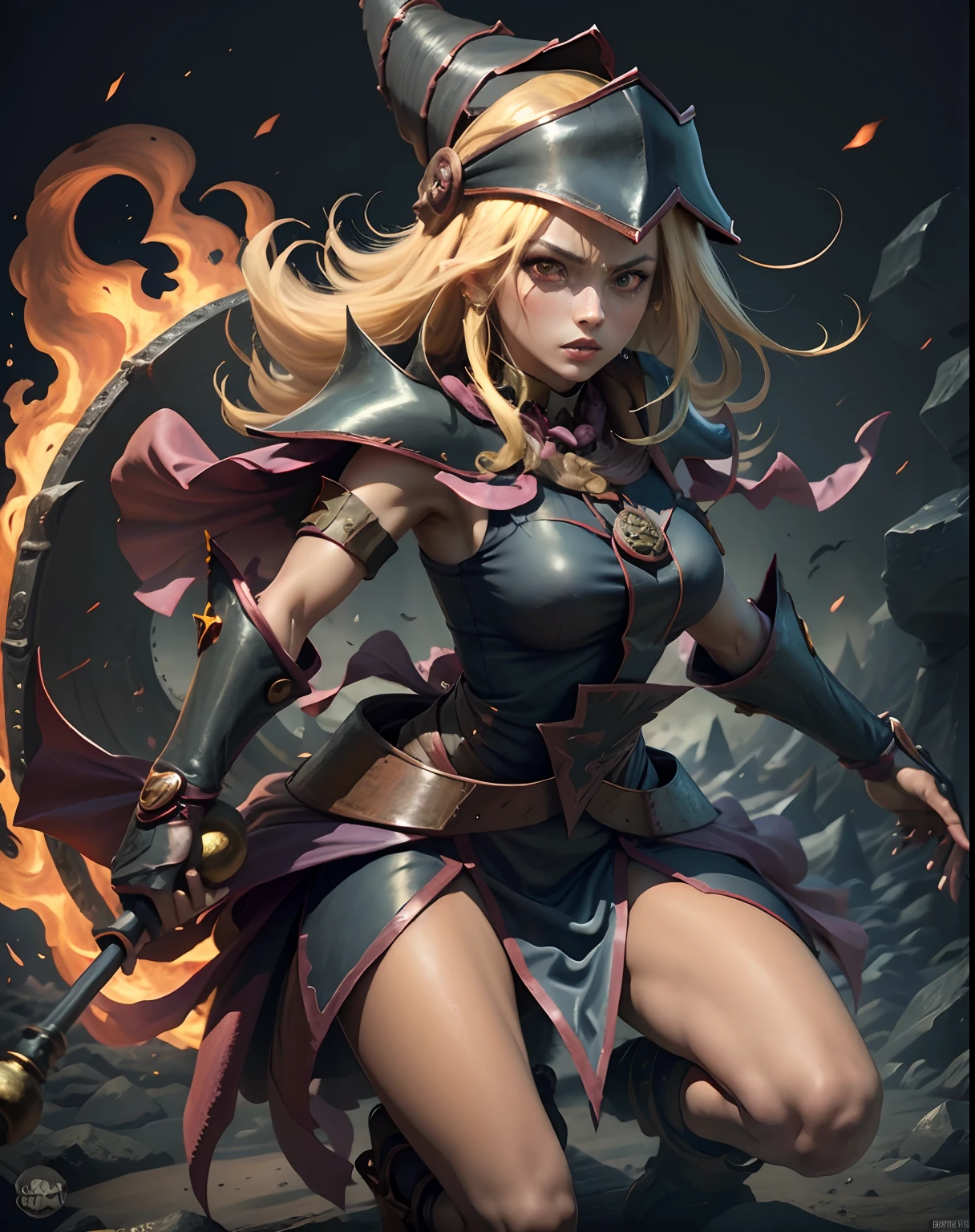 Dark wizard girl as a terrifying legendary demon in the fiery hell realm with an army of demons