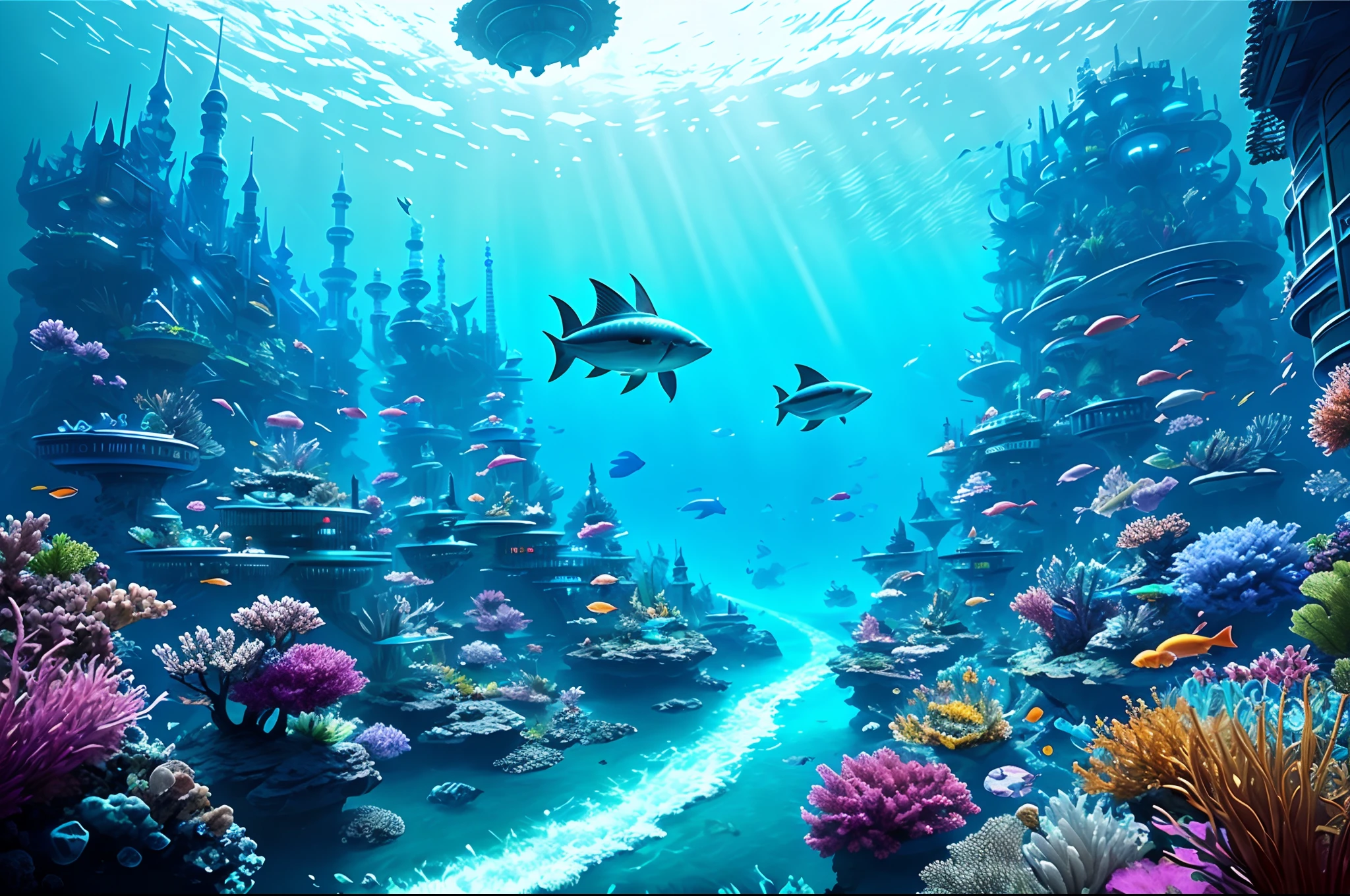 There is a large underwater futuristic wonderland,There are a lot of fish in it, an underwater city, futuristic underwater metropolis, an underwater city, Underwater market, deep sea cyberpunk, cyberpunk atlantis, Stylized urban fantasy artwork, underwater environment, 8 K high detail concept art, undersea environment, author:Dan Christensen, Concept art wallpaper 4K, concept art 8 k, author:Alexander Kucharisky
