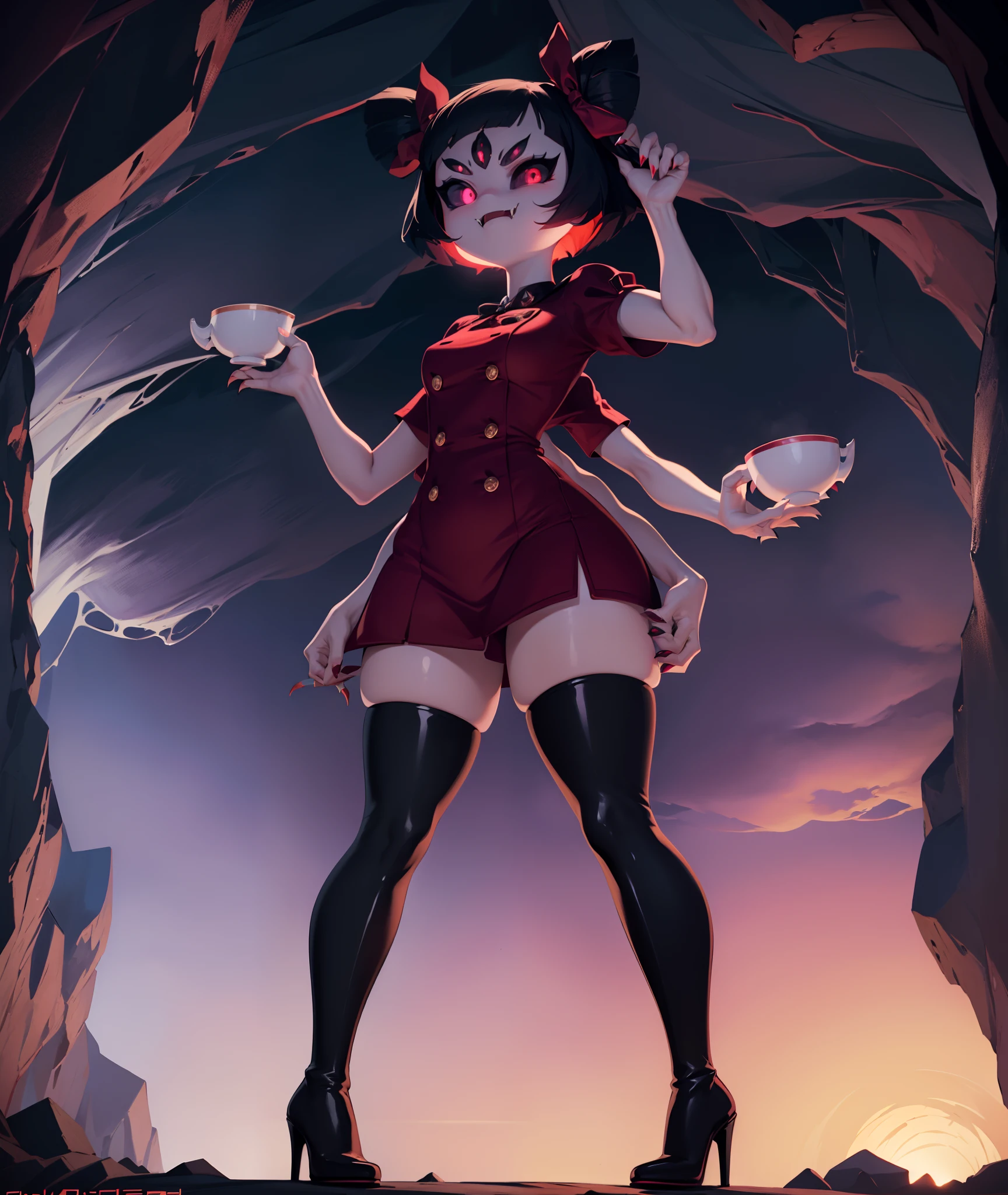 [muffet_(undertale)], [uploaded to e621.net; (napalm_express), (iseenudepeople)], ((masterpiece)), ((HD)), ((High definition)), ((detailed shading)), ((solo portrait)), ((full body)), ((front view)), ((beautiful render art)), ((monster girl)), ((cinematic lighting)), {(spider girl); purple skin, glowing red eyes, 5 eyes, black hair, (2 hair buns), (6 arms), (sharp claws), (excited expression)}, {(red rompers), (buttons), (black knee high heel boots)}, {(walking), (holding teacup)}, [Background; (cave:1.2), (webs), (dark lighting), (spiders)]